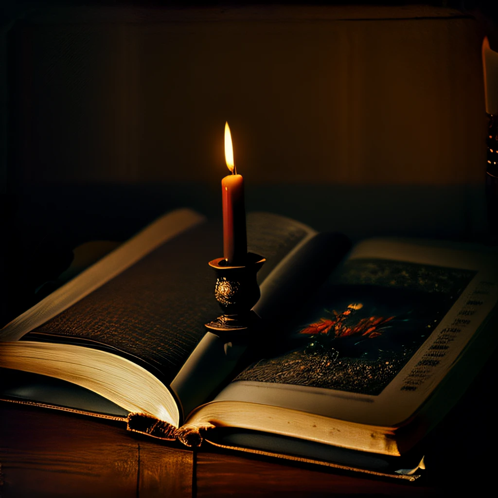 Dark room, candle light, open book, vintage style, nostalgic feeling, wisdom and knowledge, photo taken by a polaroid, Cannon lens, gone with the wind aesthetic