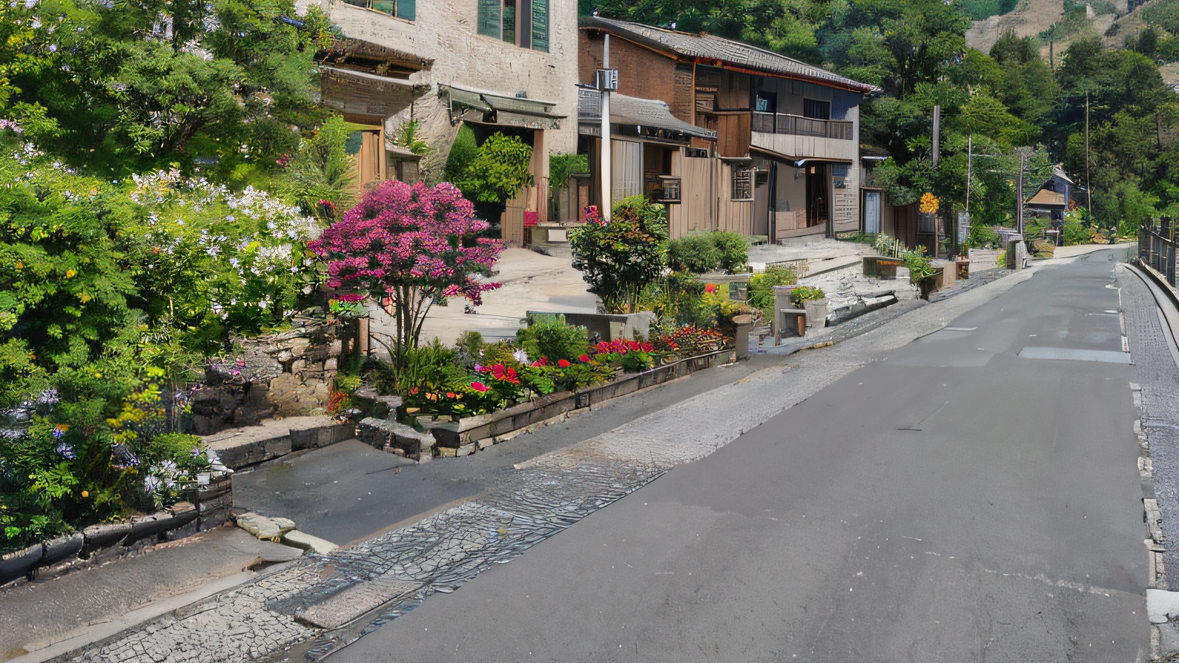 sloping street, residential area, detailed street, natural stone road, photorealistic streetscape, Chinese village, small village, gardens with flower beds, realistic photo of a town, streetview, photorealistic landscapes, Village, Beautiful image, landscape architecture photo, detailed surroundings