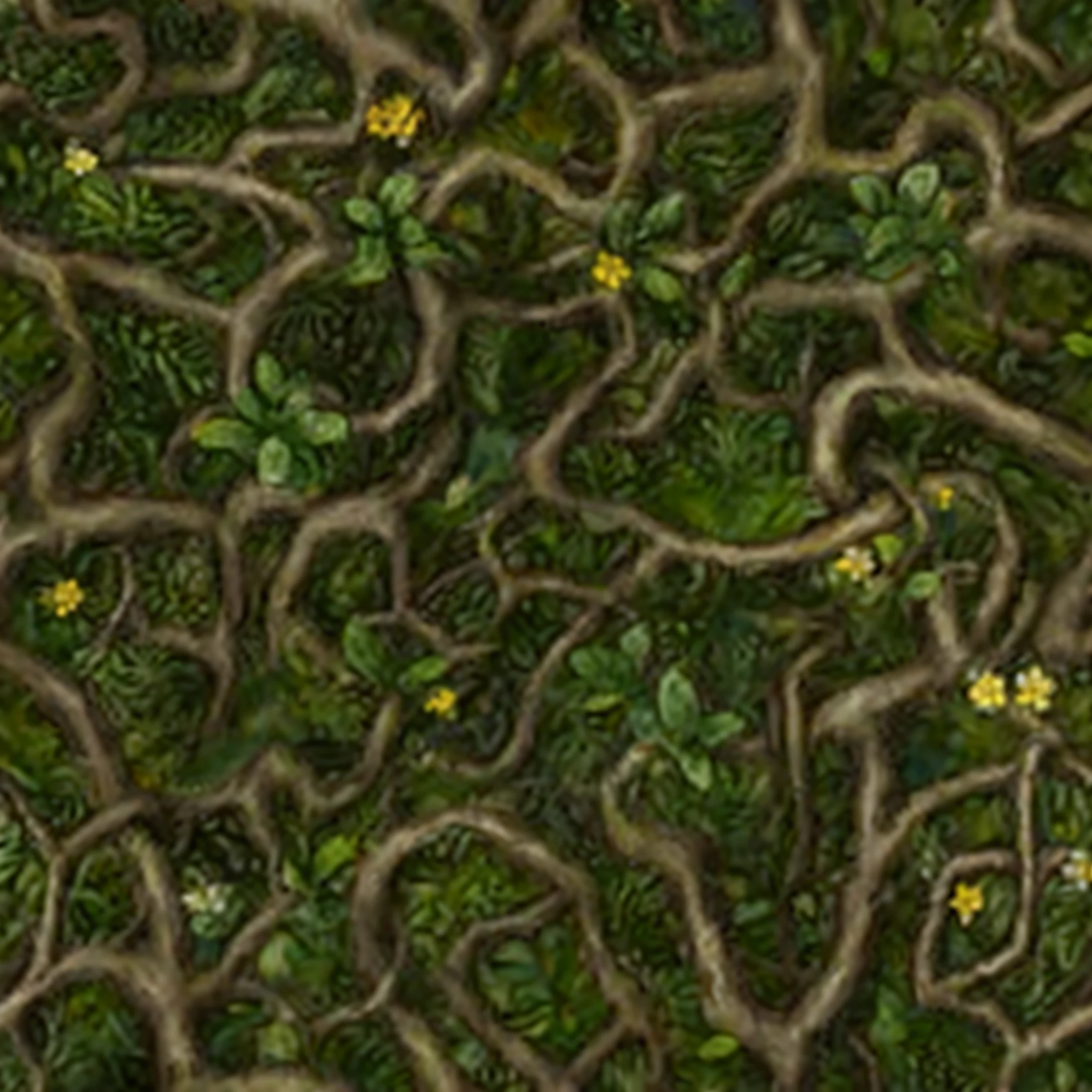 Close-up of a bunch of trees,There are flowers growing on it, deep jungle texture, seamless game texture, stylized vegetation, game texture, Stylized hand drawn textures, thorn background. D&D, hyperdetailed twigs and plants, fantasy magical vegetation, tileable, lianas, tileable texture, hand painted textures, forest floor, tileset asset store