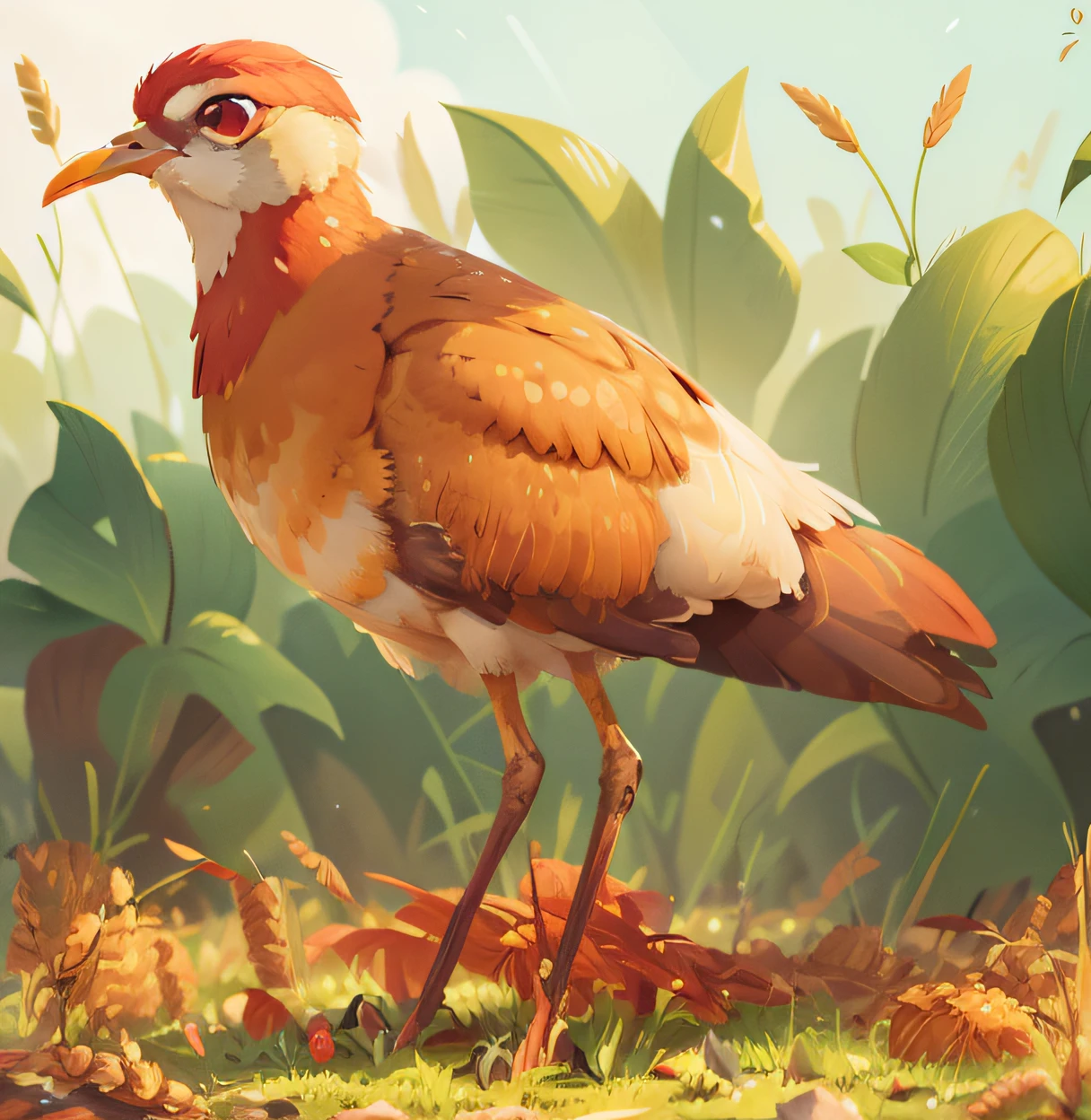 there is a bird that is standing in the grass, The bird has long slender legs of red red,Crowned wheat chicken