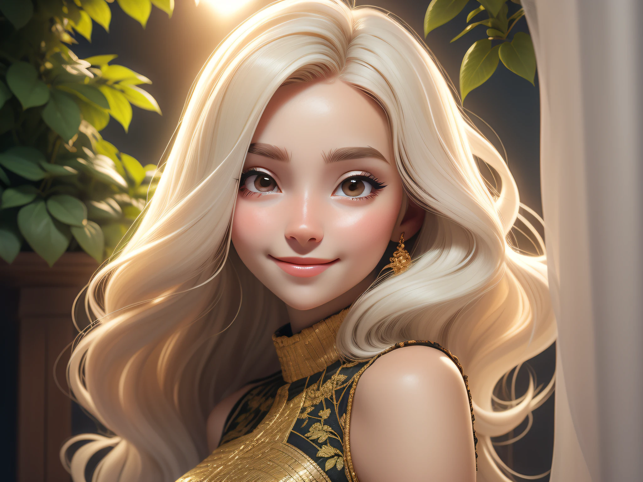 dynamic lighting, (((Hanging Gardens of Babylon))), (cute:1.3), blonde hair, (pale skin:1.1), (soft smiling:1.1), detailed face, detailed gray eyes, detailed skin texture, sun ray, by ilya kuvshinov, nina masic, natural lighting, subsurface scattering, f2, ornate, 35mm, wide shot, retina, textured skin, anatomically correct, best quality, award winning