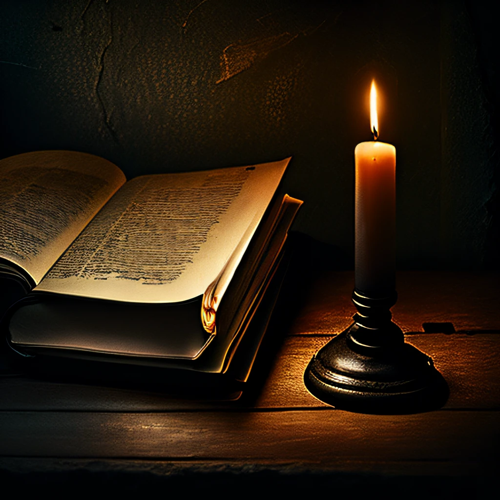 Dark room, candle light, open book, vintage style, nostalgic feeling, wisdom and spirituality