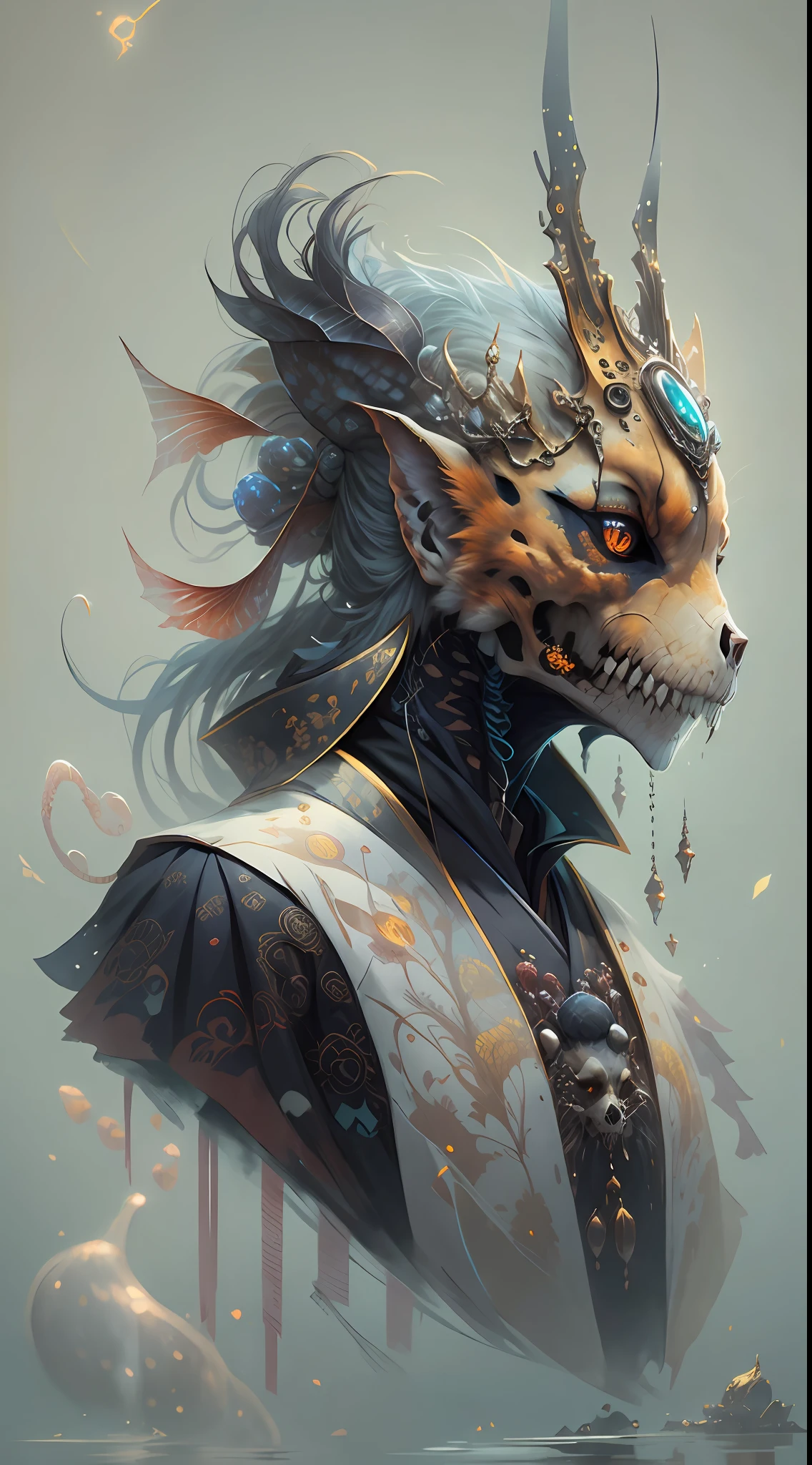 3D closeup of young handsome aristocrat - profile portrait with crown，Ram skull。Beautiful and complex Japanese crow, Fox mask and breadcrumbs Japanese kimono。a betta fish， jellyfish pheonix， Bio-luminescence， Plasma， icey， Eau， ventania， organism， Wu Ya and WLOP and works by Bippel and Greg Rutkovsky, creature00d, (Amber theme:0.7), mtu, mathematician,