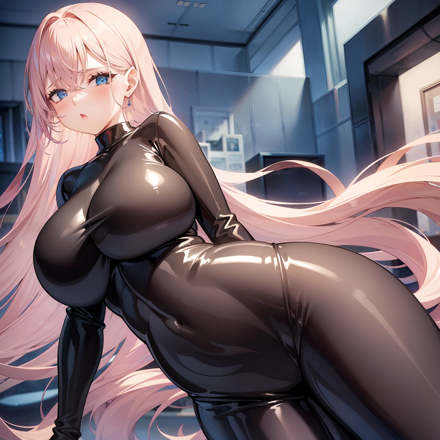 Bodysuit, skintight clothing, latex, huge breasts, thick thighs, pregnant, erect , long hair, chastity bulge, shiny, goo