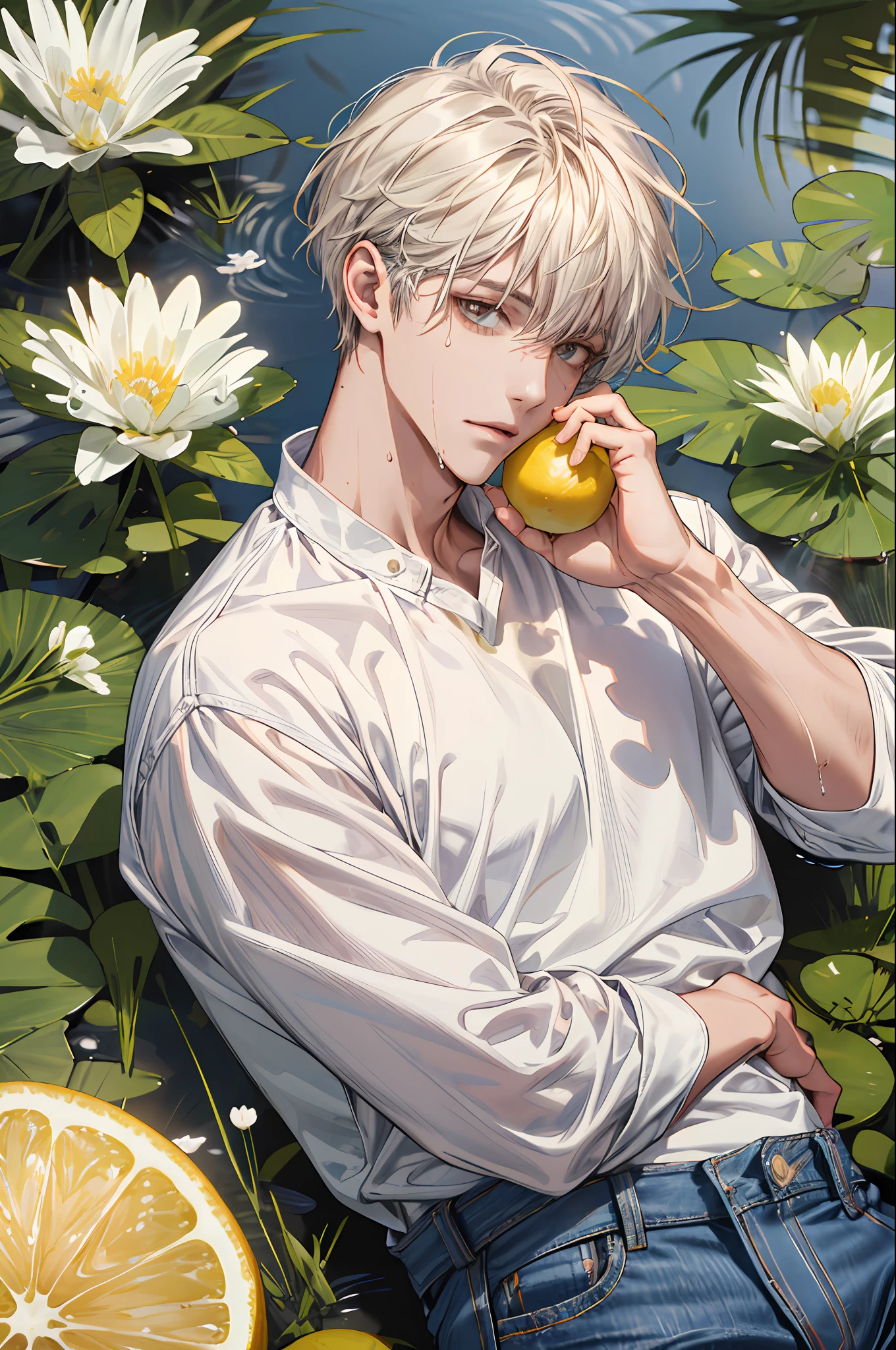 (absurdres, highres, ultra detailed), 1 male, handsome, tall muscular guy, mature, (The pond is filled with lemon slices and white flowers), A man lying on back comfortably in it, from directly above, (white shirt, jeans), wet, colorful, artistic, depth of field, focus on his face,calm facial features, lemon slices around face