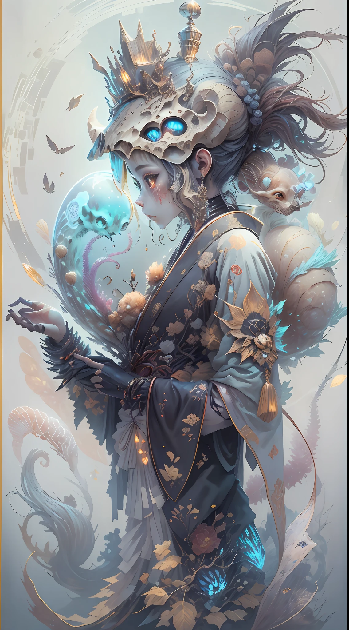 3D closeup of young handsome aristocrat - profile portrait with crown,Ram skull。Beautiful and complex Japanese crow, Fox mask and breadcrumbs Japanese kimono。a betta fish, jellyfish pheonix, Bio-luminescence, Plasma, icey, Eau, ventania, organism, Wu Ya and WLOP and works by Bippel and Greg Rutkovsky, creature00d, (Amber theme:0.7), mtu, mathematician,