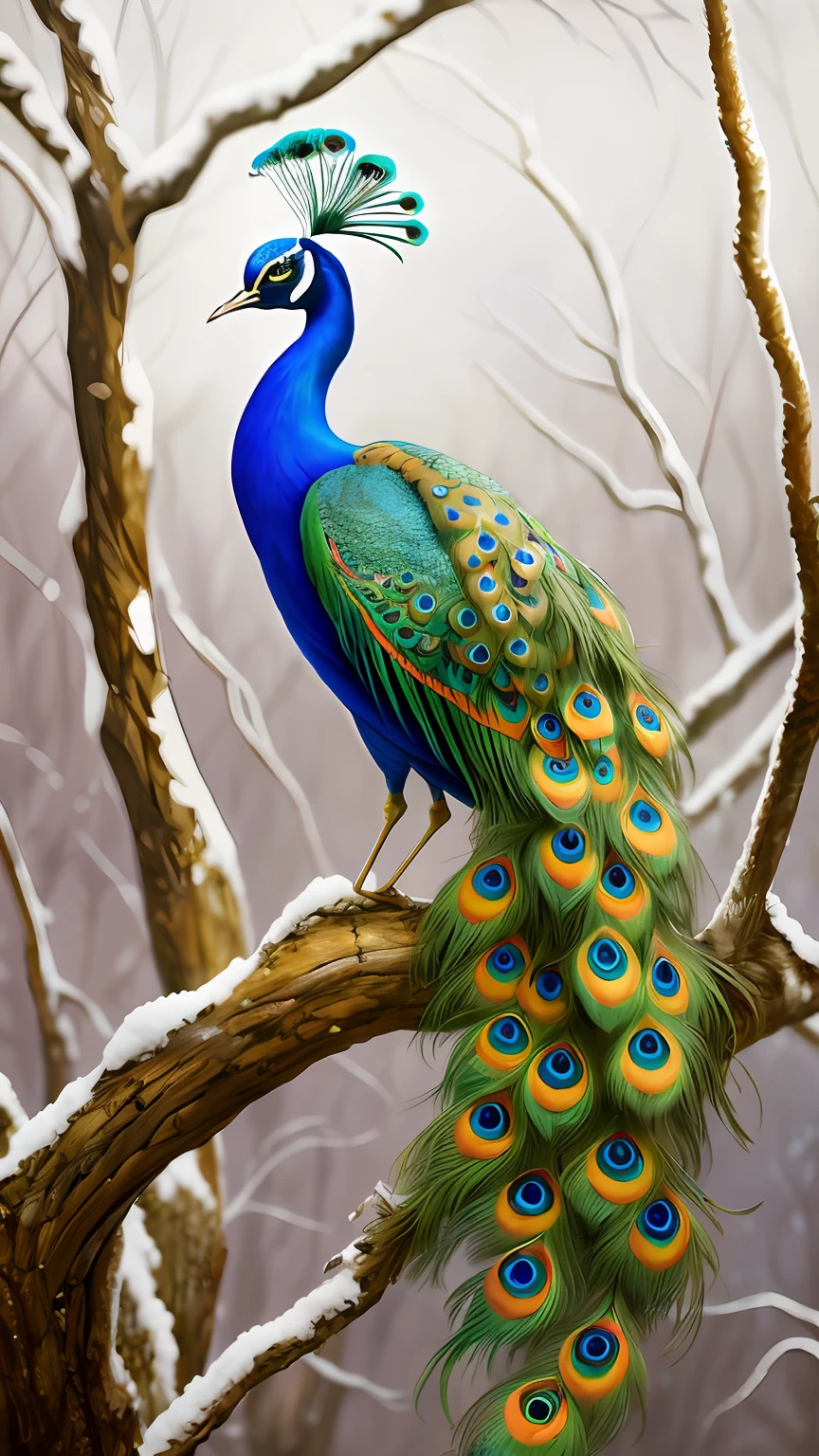 Draw a peacock sitting on a branch in a snowy forest, Beautiful art UHD 4 K, Detailed painting 4 K, beautiful painting of a tall, elegant digital painting, Beautiful digital artwork, peacock, Peacock in the desert, detailed realistic colors, beautiful digital painting, 4 k highly detailed art, highly detailed digital artwork, beautiful digital art
