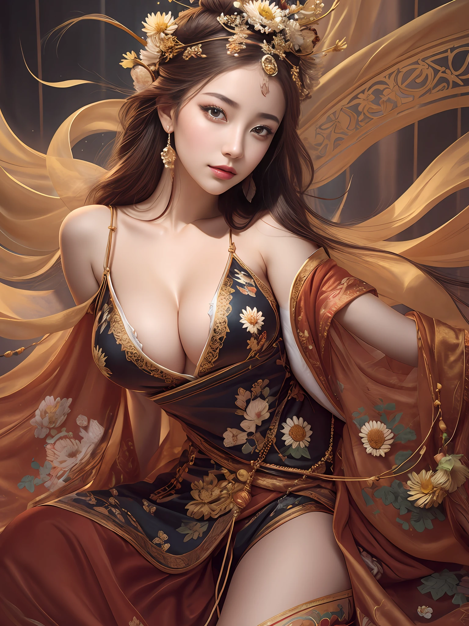 best qualtiy,tmasterpiece,Ultra-detailed high resolution,(Photorealsitic:1.4),RAW photogr,,illustratio,1girll,handheldweapons,(Solo exhibition:1.2),(cowboy lens:1.2),(Hair crown:1.2),Traditional costumes of Dunhuang, China,No shoulder strap,(Red eyeliner:1.2),(Black eyes:1.4),耳Nipple Ring,huge tit,exposing her chest,Dynamic Angle,opera house,Messy_Long_Hair,ink,电影灯光,lens_flare,velvet,chrysanthemums,nipple tassels,Ribbons,color embroidery,The upper part of the body,facing at camera,dynamicposes,Large,Embroidered cloth shoes