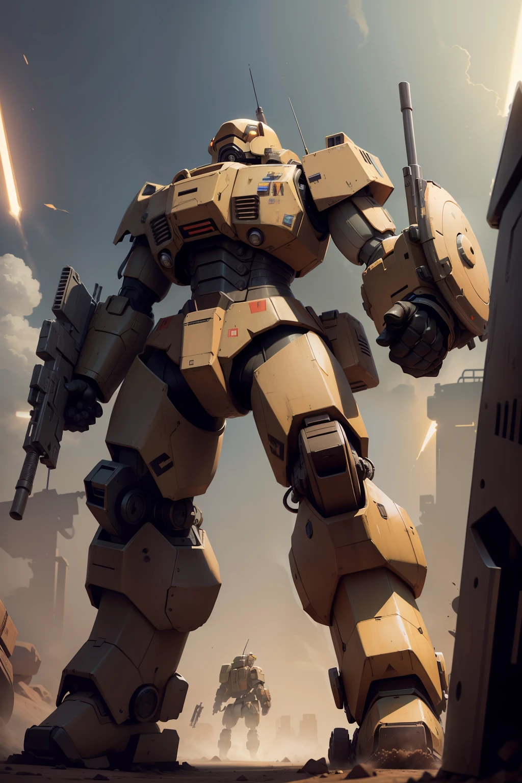 battlemech，There is no head，one-eyed，The chest is broad，cropped legs，There are air vents on the front of the calf，have a shield，The shield half-wrapped the forearm，The weapon is a shotgun，There are multiple points of light on the chest，There are wheels on the soles of the feet，The overall shape is low and stout