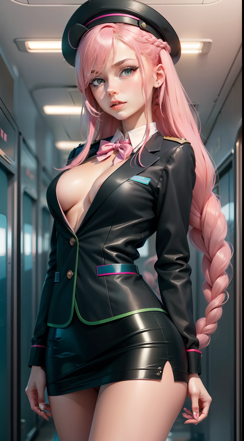 （（Best quality，8K，tmasterpiece：1.4））， Pink hair，Long braid on one side， Planes，Blue flight attendant uniform，Blue flight attendant hat， Delicate solid red bow tie，Black smooth skinny mini miniskirt，Bare breasts，perfect body figure，Glossy glossy skin，Green eyes