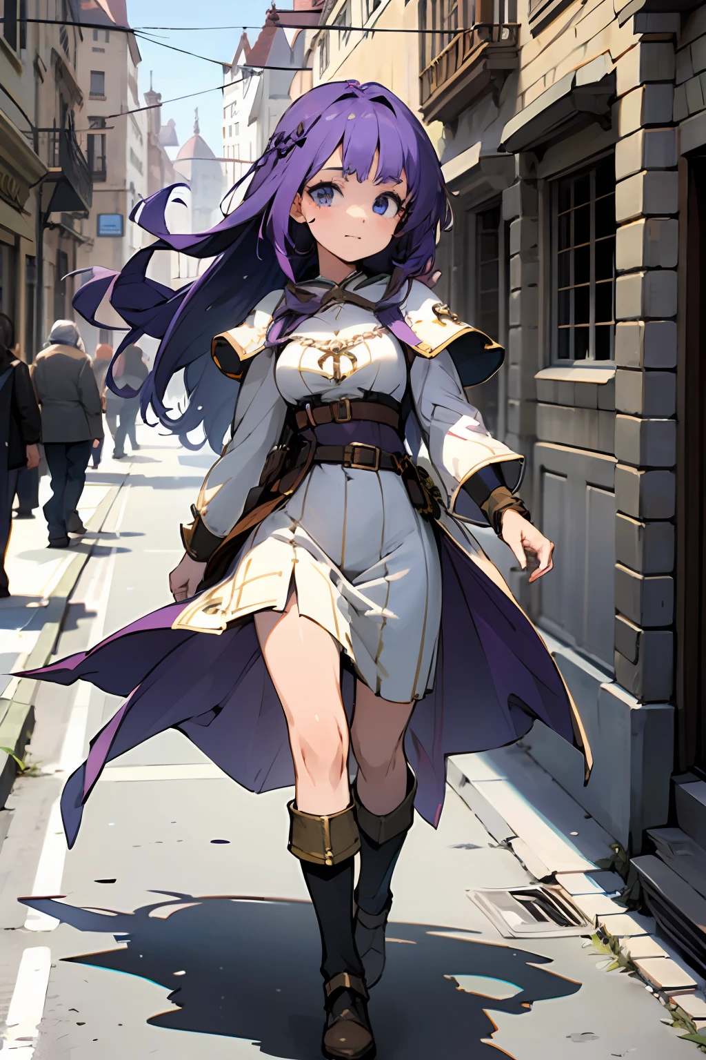 1girl, purple hair, blue eyes, wearing medieval fantasy dress, high res, ultrasharp, 8k, masterpiece, perfect body, cute face, walking on the street, medieval city looking forward