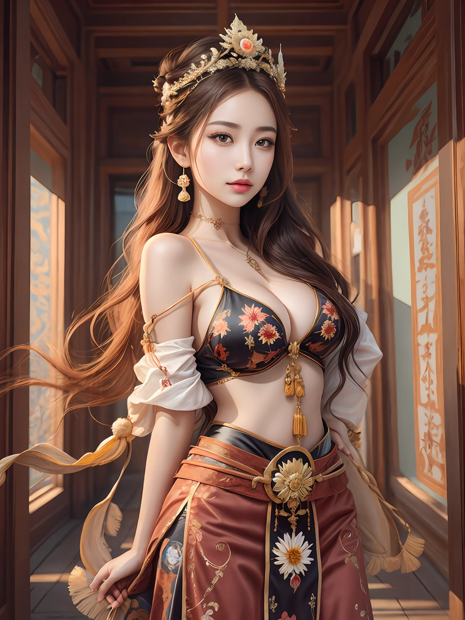 best qualtiy，tmasterpiece，Ultra-detailed high resolution，（Photorealsitic：1.4），RAW photogr，，illustratio，1girll，handheldweapons，（Solo exhibition：1.2），（cowboy lens：1.2），（Hair crown：1.2），Traditional costumes of Dunhuang, China，No shoulder strap，（Red eyeliner：1.2），（Black eyes：1.4），耳Nipple Ring，huge tit，exposing her chest，Dynamic Angle，opera house，Messy_Long_Hair，ink，电影灯光，lens_flare，velvet，chrysanthemums，nipple tassels，Ribbons，color embroidery，The upper part of the body，facing at camera，dynamicposes，Large，Embroidered cloth shoes