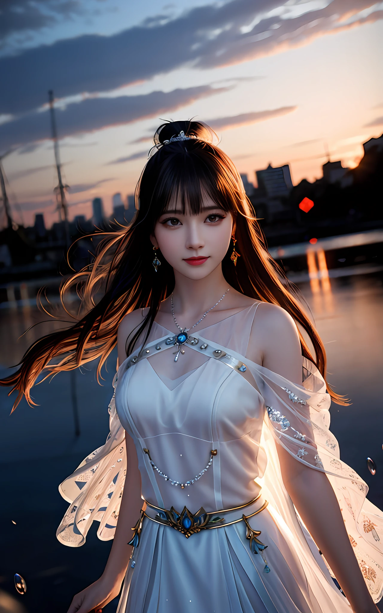 (realisticity: 1.2), best quality, masterpiece, highres, cg,
1girl, weapon, sword, long hair, dress, water, solo, jewelry, white dress, earrings, hair ornament, splashing, upper body super realistis, hair bun, blue and orange hair, city backgraun realistis,
lighting,candid, Photograph, high resolution, 4k, 8k, Bokeh,