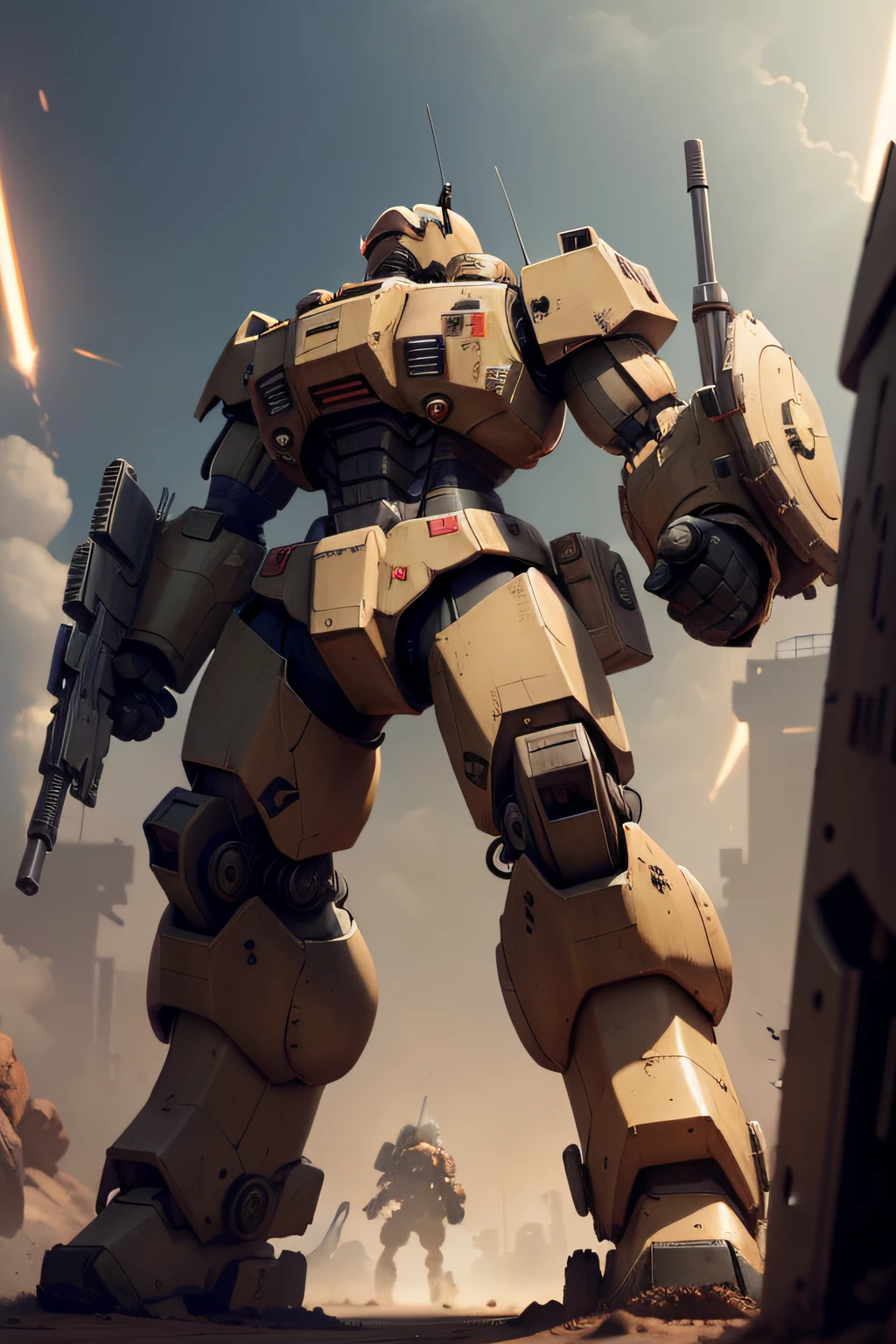battlemech,There is no head,one-eyed,The chest is broad,cropped legs,There are air vents on the front of the calf,have a shield,The shield half-wrapped the forearm,The weapon is a shotgun,There are multiple points of light on the chest,There are wheels on the soles of the feet,The overall shape is low and stout