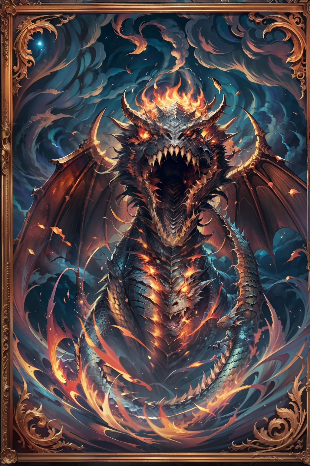 hell,magma,火焰,Purple flame,(Look up at the perspective:1.4),((Super huge, Thick and sharp giant claws)),(((Black antique fish scales))),(((The scales are covered with thick barbs)))((Super thick and terrifying dragon scales)),Wrap the whole body,((Bloodthirsty and murderous devil man)),standing on your feet,Ugly face,full body pov,Black lightning streaked across the sky,(((A tumbling thick sea of clouds is at your feet))),(There was blood everywhere),((Blood dripped from between the paws)),(stereoscopic perspective:1.4),Works of masters,super-fine,4K分辨率,high qulity,电影灯光,High picture detail,dynamic viewing angle,Detailed pubic hair,Epic shooting