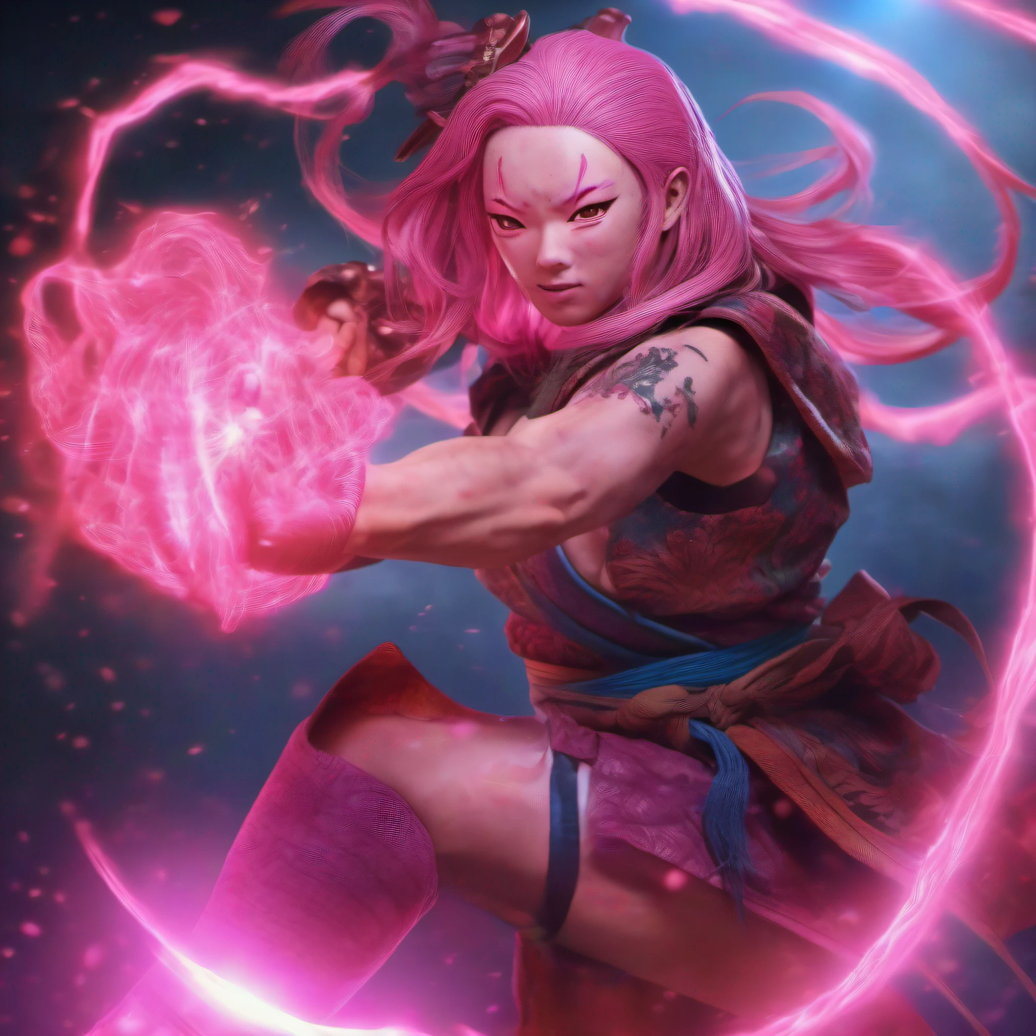japanese oni is fighting NEZUKO in the sky,pink short hair, blue eyes,Conceptual art, best photo shot, glowing light, realistic, UHD, textured skin, masterpiece, anatomically correct, best quality, 8k, full body,