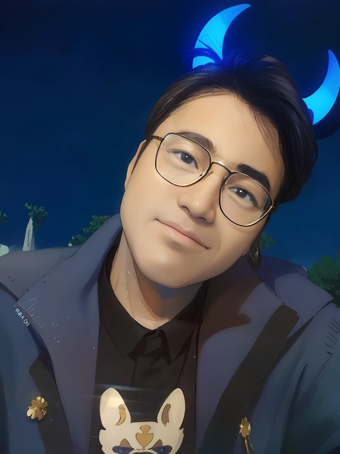 A handsome man，Handsome sunny face，With a blue horn headdress，Manhwa Style，Hand drawn style