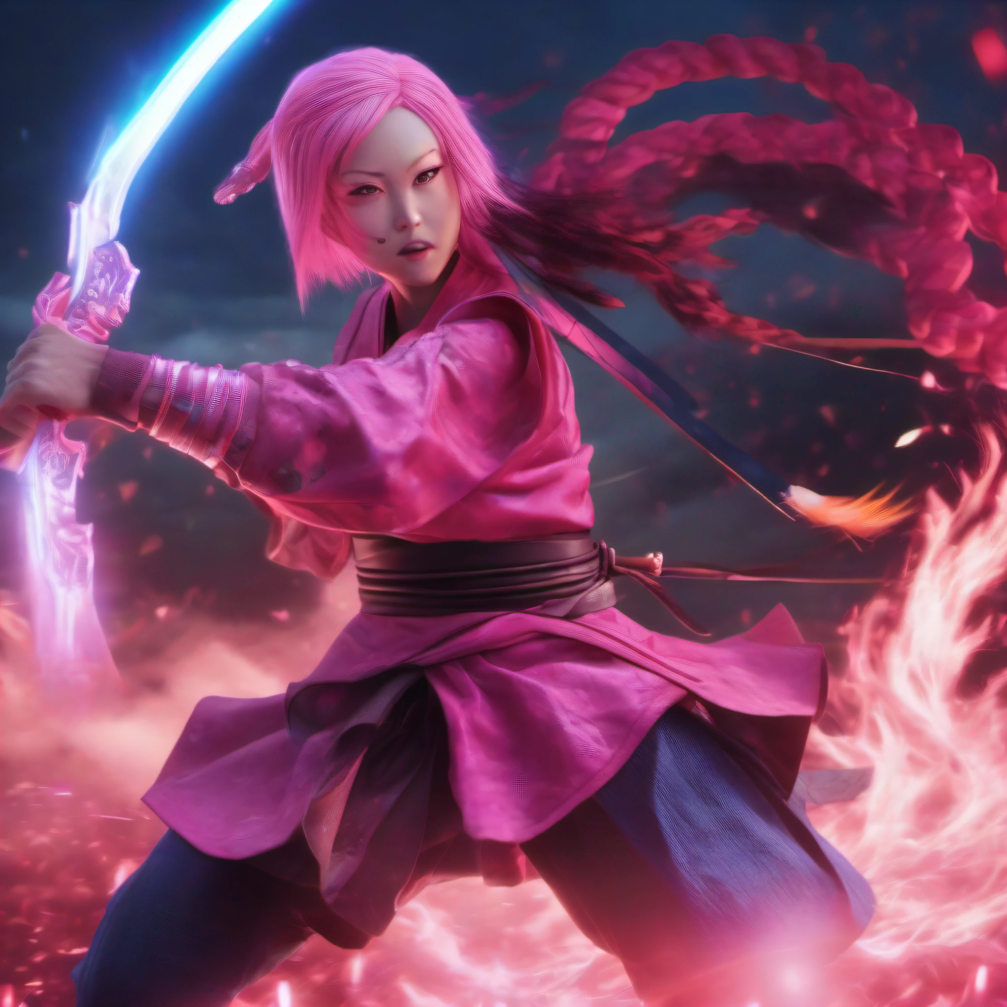 japanese oni is fighting NEZUKO in the sky,pink short hair, blue eyes,Conceptual art, best photo shot, glowing light, realistic, UHD, textured skin, masterpiece, anatomically correct, best quality, 8k, full body,