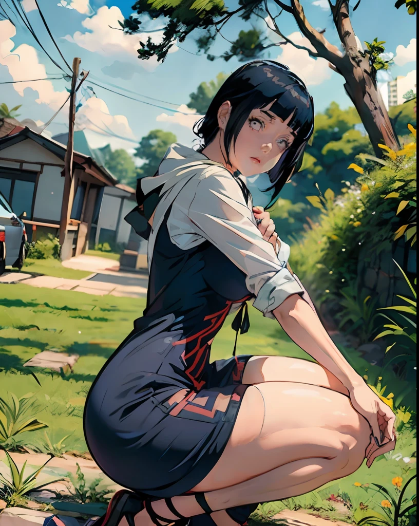 Hinata Hyuga em um vestido preto agachado na grama, vestido justo, usando um vestido preto apertado, vestido sexy, minivestido curto, roupa apertada, bunda grande, pernas grossas, extremamente Sexy.