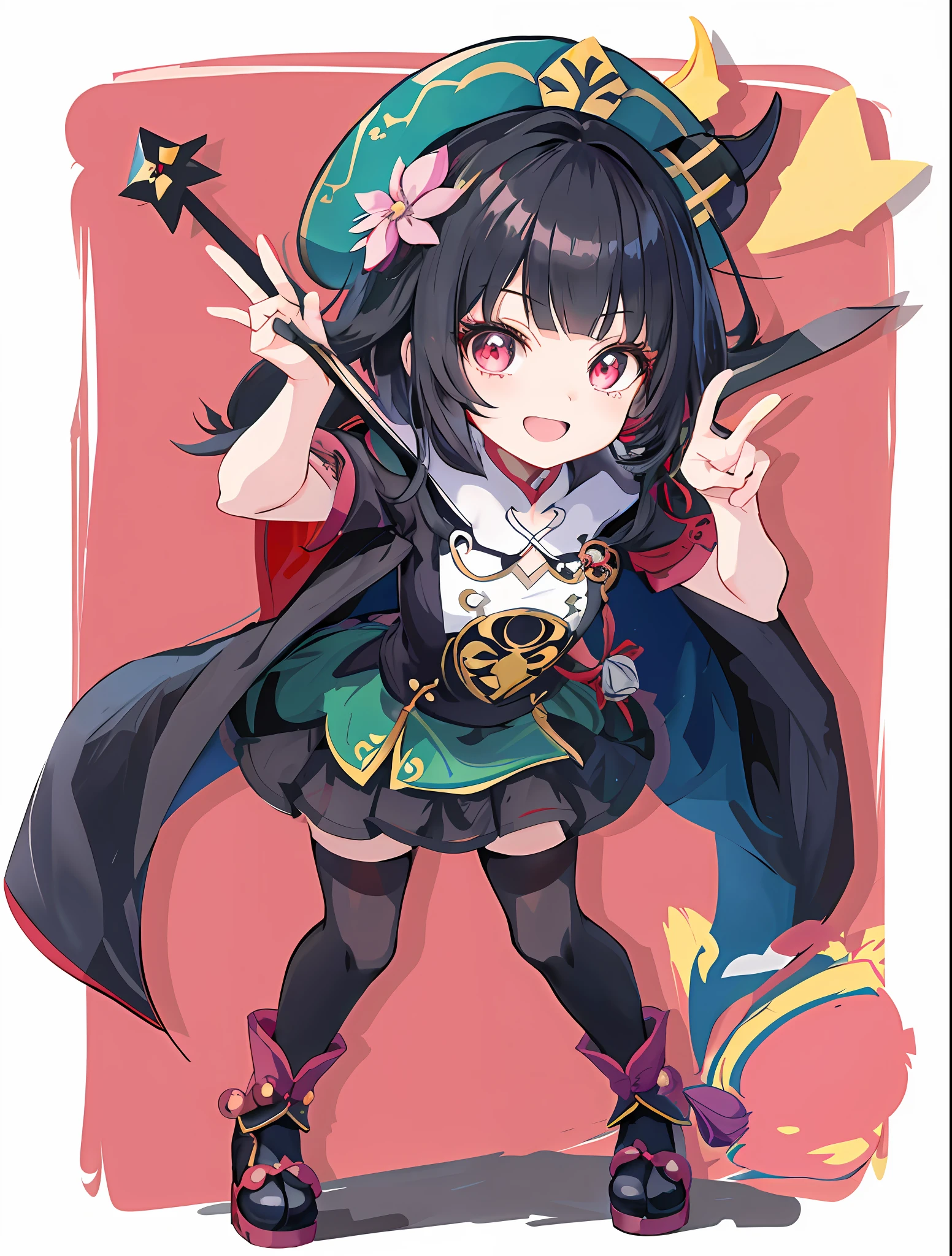 Cartoon of a girl in a hat and cape, small curvaceous loli, demon slayer rui fanart, anime moe art style, Keqing from Genshin Impact, Ayaka Genshin impact, black-haired mage, Genshin impact's character, Marin Kitagawa fanart, holding a pudica pose, Genshin, she has a cute expressive face