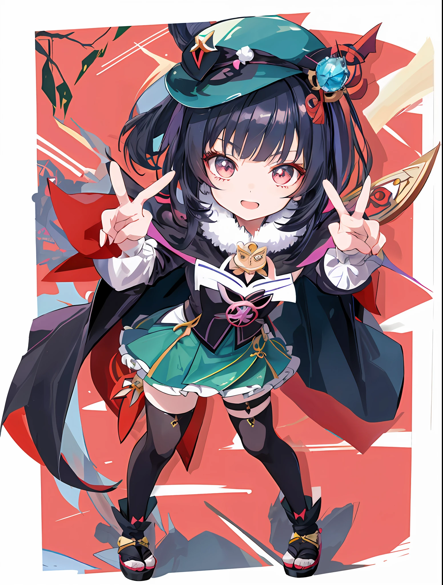 Cartoon of a girl in a hat and cape, small curvaceous loli, demon slayer rui fanart, anime moe art style, Keqing from Genshin Impact, Ayaka Genshin impact, black-haired mage, Genshin impact's character, Marin Kitagawa fanart, holding a pudica pose, Genshin, she has a cute expressive face