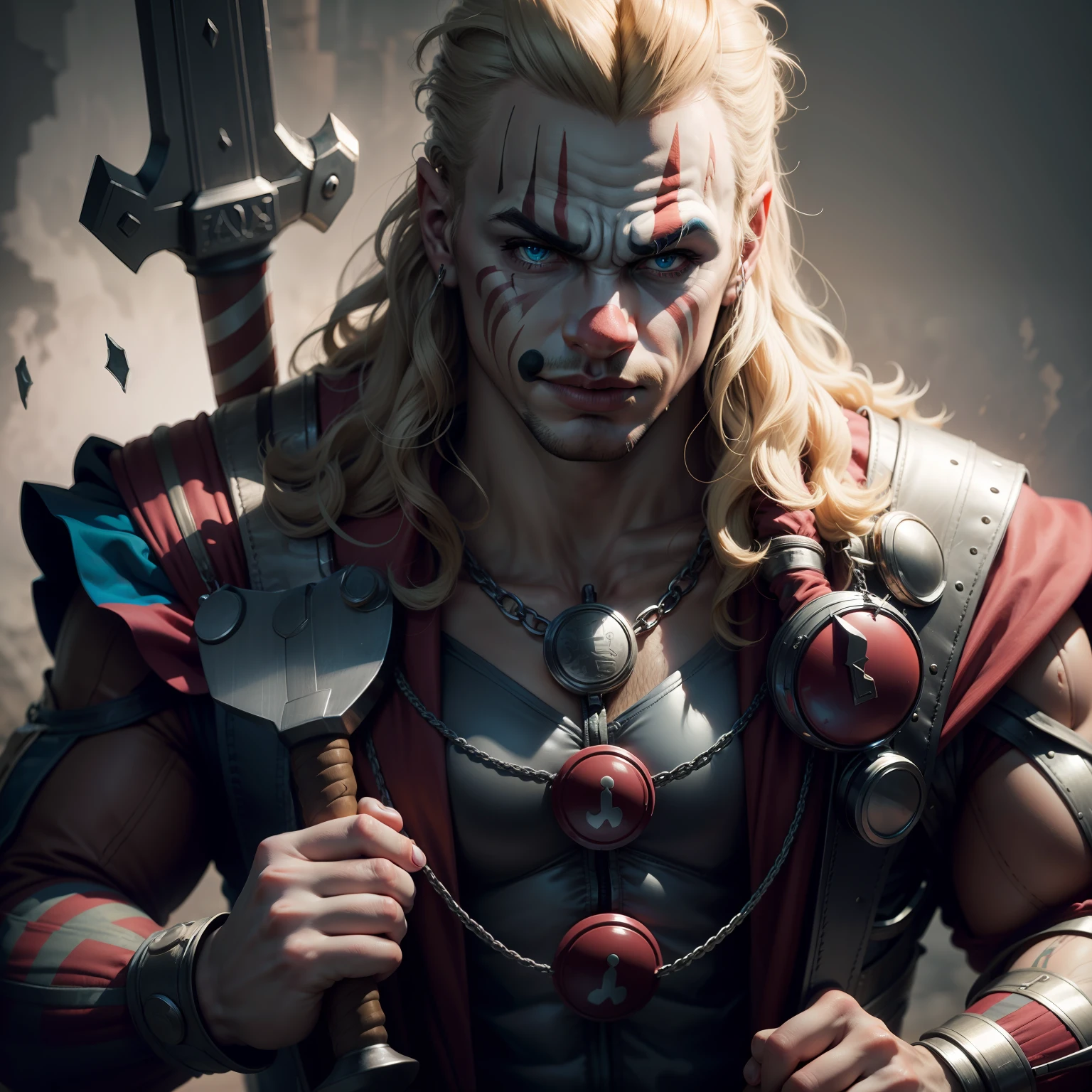 Dramatic Thor as a clown, full clown clothes accessoris, holding Thor big hammer cinematic, extreem realistic, extreem detailed, extreem Sharp, half body shot