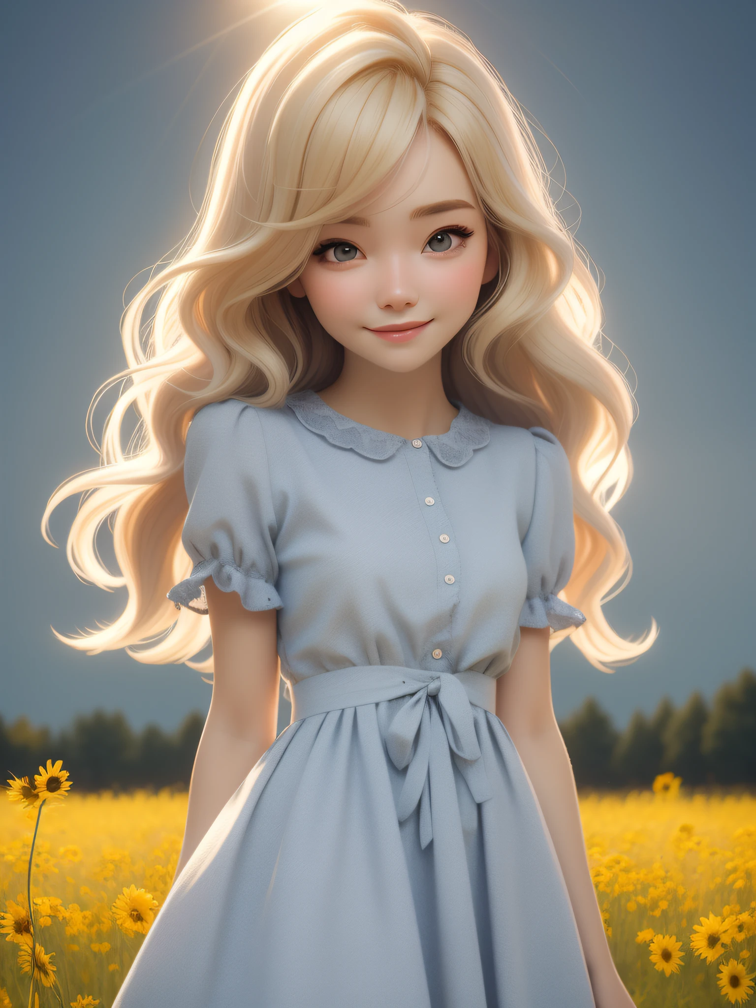 dynamic lighting, (((sunny field))), (cute:1.3), blonde hair, (pale skin:1.1), (soft smiling:1.1), detailed face, detailed gray eyes, detailed skin texture, mini red dress, on park, sun ray, by ilya kuvshinov, nina masic, sharp focus, natural lighting, subsurface scattering, f2, ornate, 35mm, Luminism, cinematic lighting, wide shot, retina, textured skin, anatomically correct, best quality, award winning