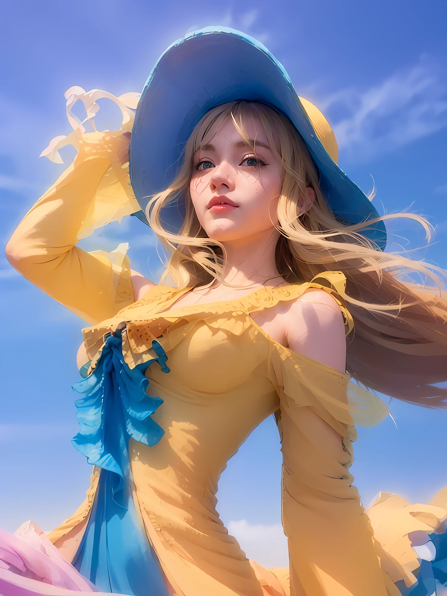 ((Best Quality, 4K, Masterpiece: 1.3)), (Detailed: 1.4), Reality, 1girl, a close up of a woman in a yellow dress and a blue hat, style artgerm, astri lohne, like artgerm, extremely detailed artgerm, sakimichan, sakimichan frank franzzeta, ashe, artgerm detailed, style of artgerm, A woman with Blonde hair and hair bangs, A woman with summer outfit, Big Breast, Huge Breast, beauty eyes, perfect eyes, beauty smile, full smile, 4K, HD, Ultra Realistic, extremely detailed, tfft