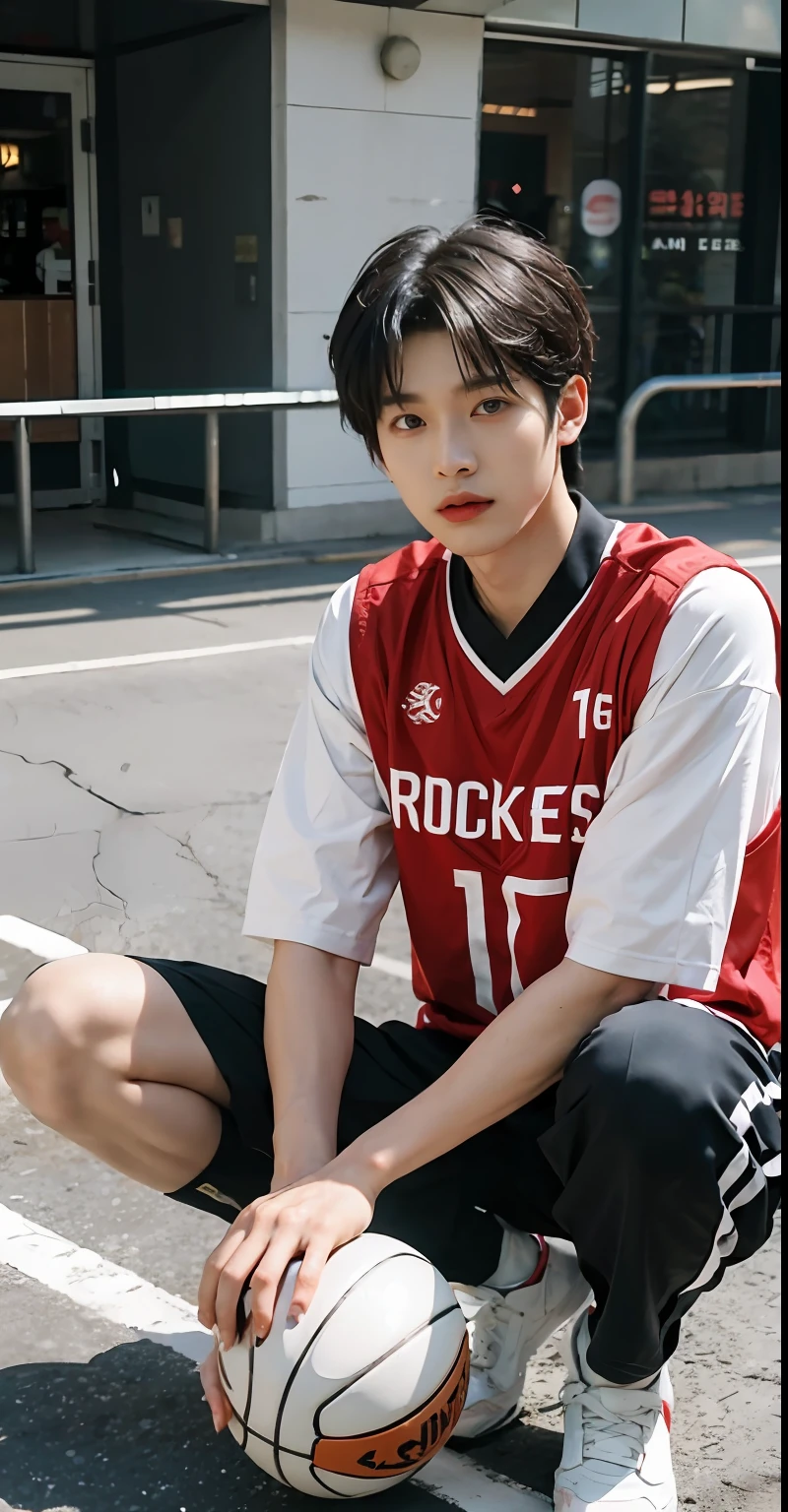 （Handsome Chinese guy：1.5）The young man sat cross-legged on the ground, wearing basketball jersey, Cai Xukun, wearing NBA jersey, rockets, Kim Tae-joon, hyung tae, young wan angel, tommy 1 6 years old, Kim Do-young, wearing a volleyball jersey, jung jaehyun, hsiao-ron, Shin Jinying, wenjun lin, yihao ren