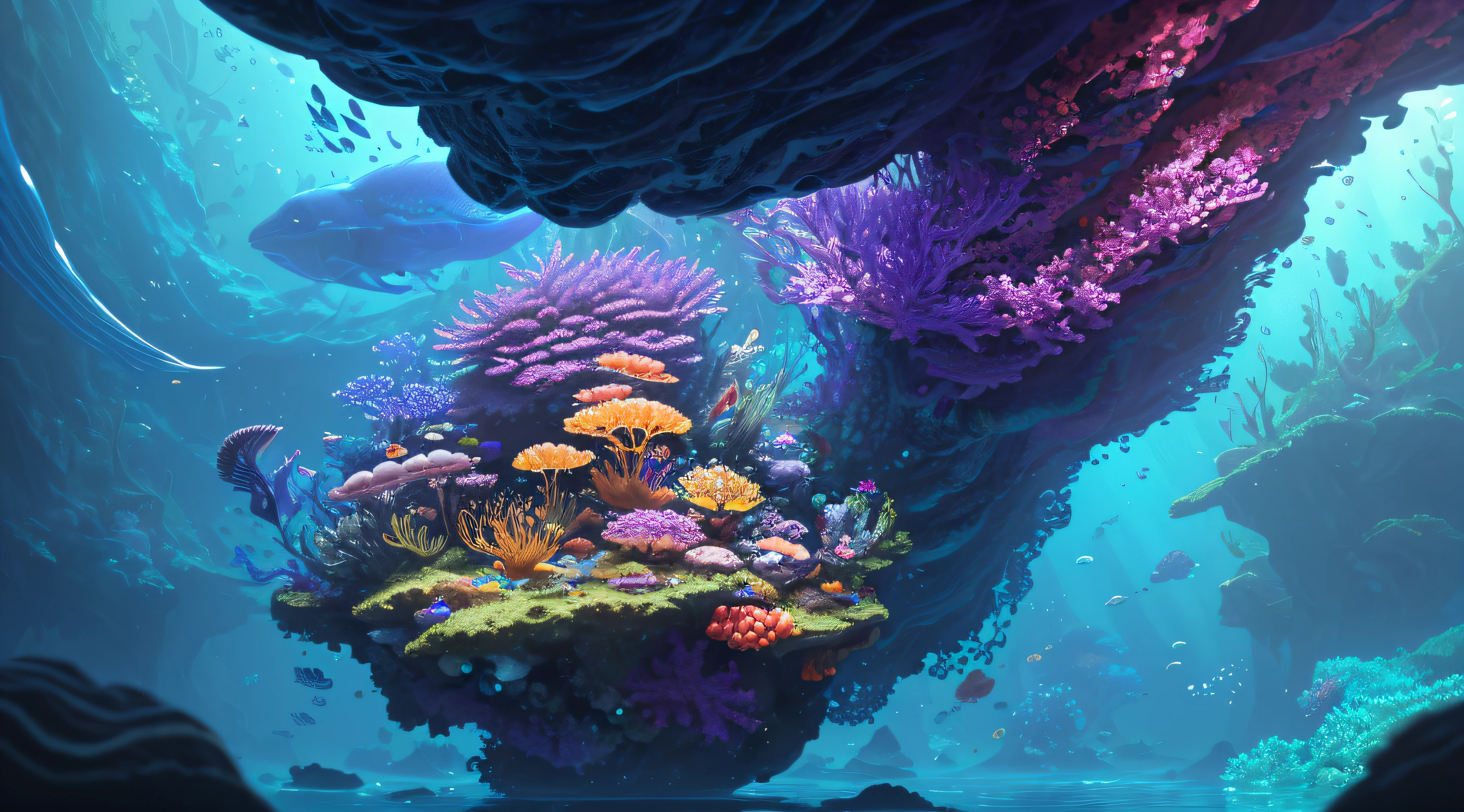 ((perspective)) microscopic world, vista, underwater fantasy,((masterpiece)), best quality, high quality, ((extremely detailed CG unity 8k wallpaper)),(fantasy), complex background, underwater fantasy world, fish school, Glowing jellyfish, colorful, (abyss)), staggered stone platforms in the abyss, glowing undersea plants, 3D digital painting, award winning photography, bokeh, depth of field, HDR, chromatic aberration, photorealistic, extremely detailed, artstation Trends on CGsociety, Intricate, High Detail, dramatic, art by midjourney, --v 6