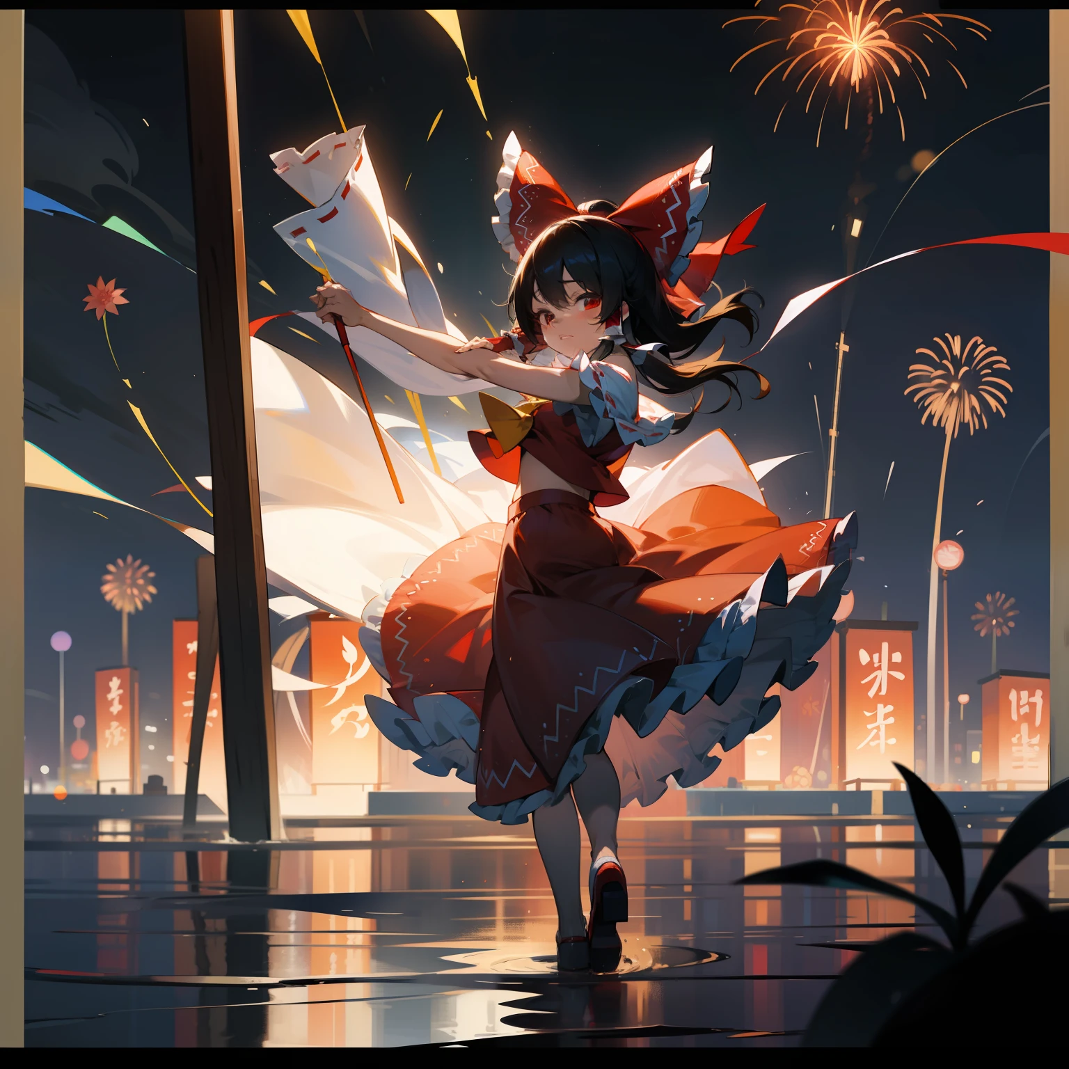 Reimu Shiramine in Kimono, masutepiece, Fine detail, 4K, 8K, 12K, Solo, Alone, Beautiful Girl, caucasian female, Red dress, Yukata, Kimono, Summer festival, Night, Fireworks