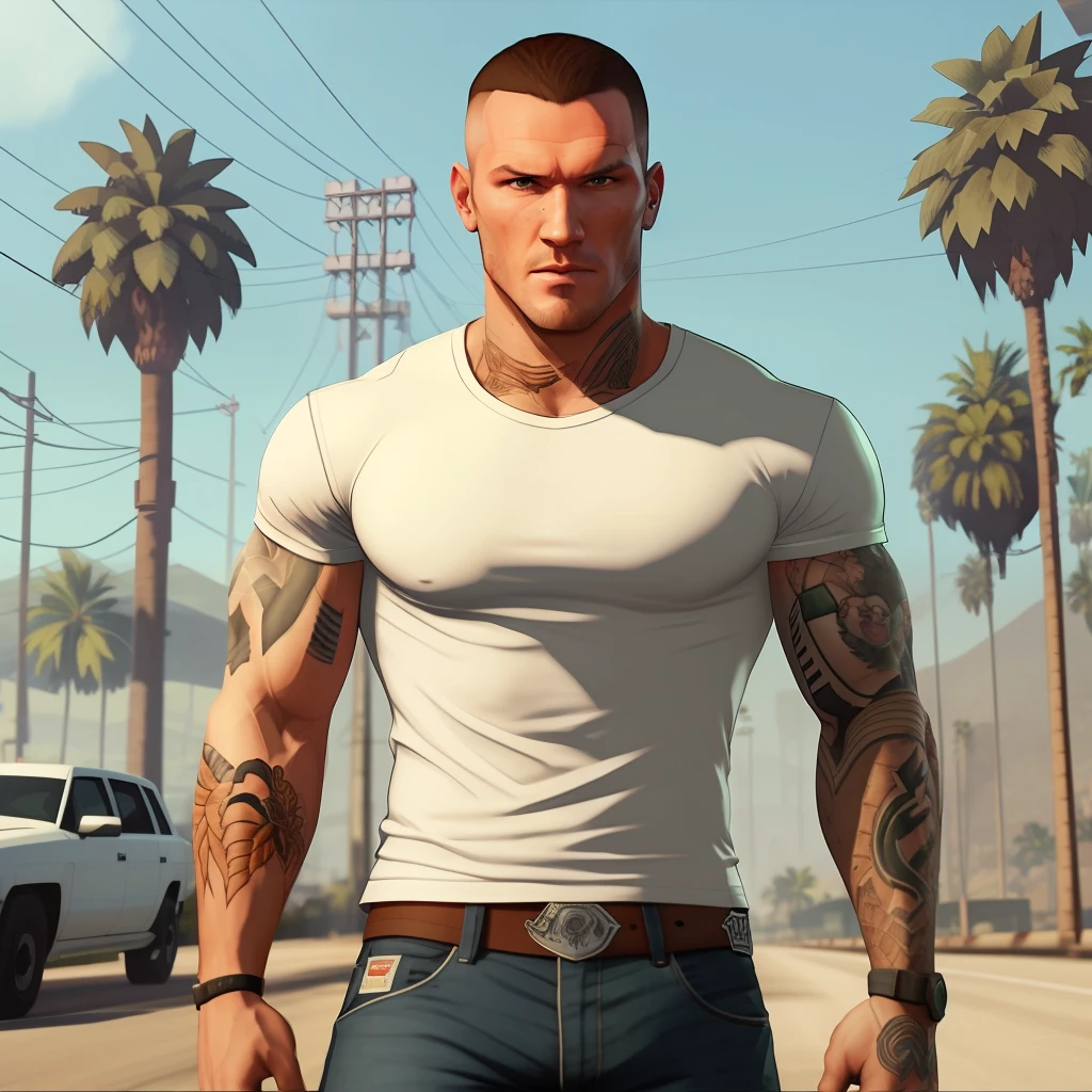 Randy orton,white t-shir, jeans pants, full body, gtav style