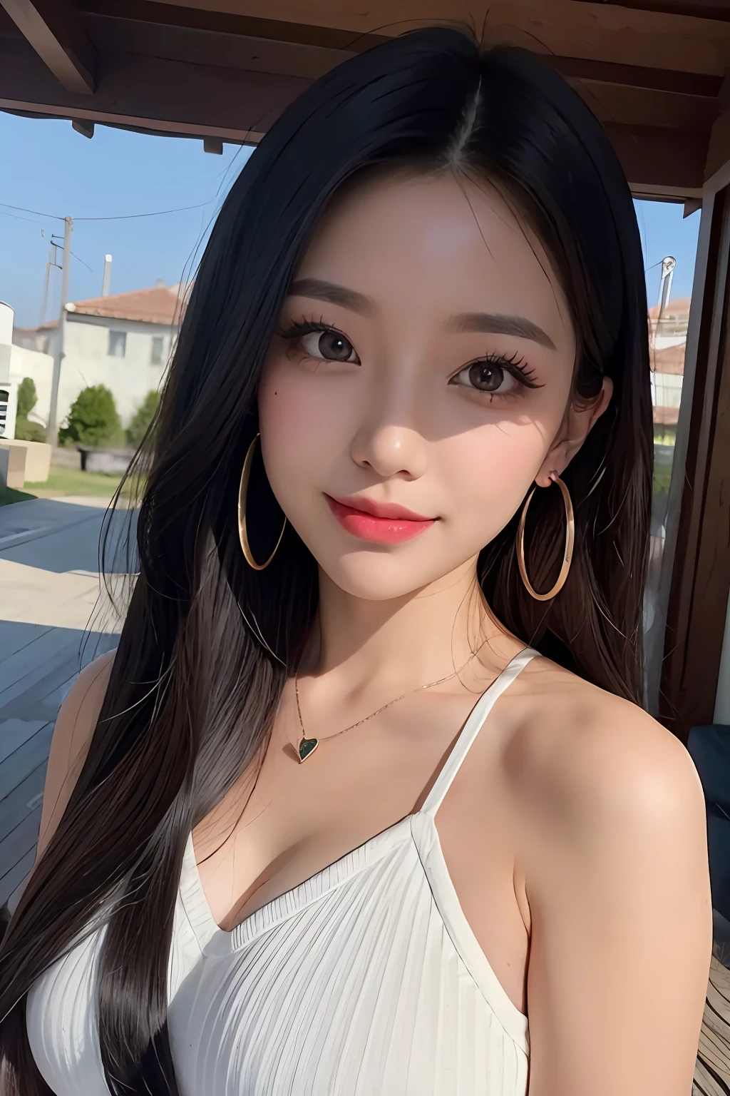 Black hair, hair bobbles, longeyelashes, Solid Circle Eyes, lightsmile, Mole under the eyes, Heart Earrings, lightsmile, Shy, puckered lips, surrealism, drop shadow, stereograms, POV, Atmospheric perspective, depth of fields, One-person viewpoint, F/1.8, 8K, Super Detail, ccurate, Best Quality, hight resolution, Best Quality,Full body