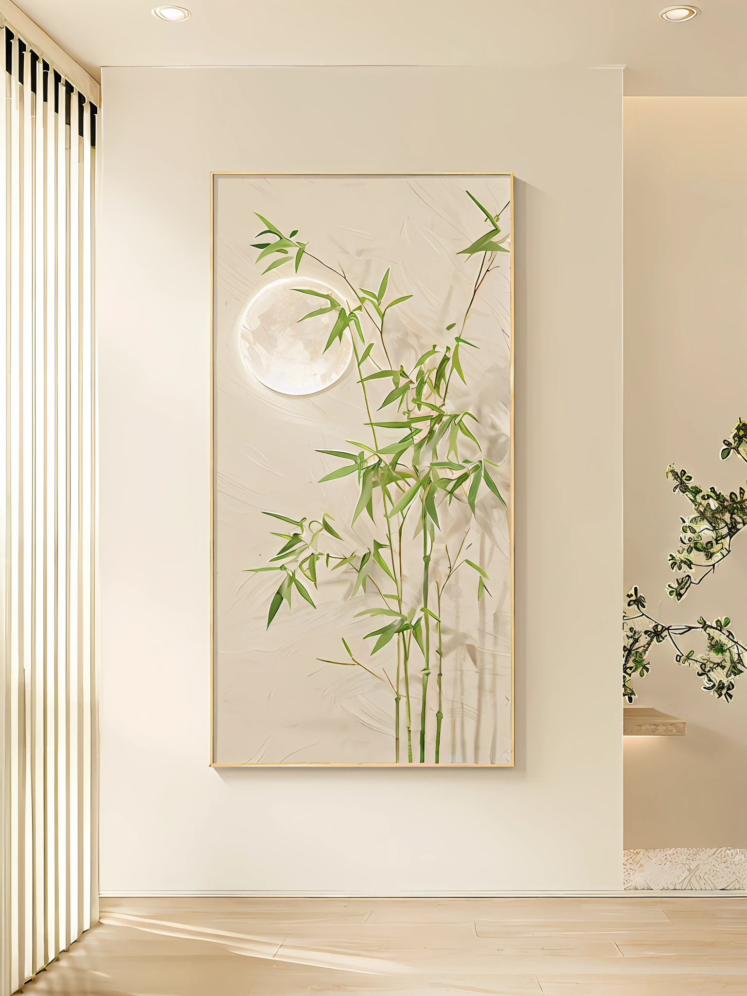 There is a picture of a bamboo tree painting in the room, hanging scroll on wall, elegant and refined painting, High quality painting, nacre painting, canvas painting, high detail painting, Chinese painting style, minimalistic painting, Oil painting in 3d, clean elegant painting, bamboos, inspired by Luo Ping, high quality art