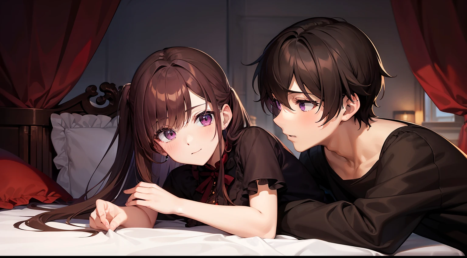 styles, masterpiece, top-quality, Special details, illustratio, Romance, a couple,reddish, tenderness, inner strength,a bed,natta, At night,Love atmosphere white and red tones, Blissful, Girl brown hair, Purple eyes, poneyTail, a couple, date, Profile of a man with black hair,Purple eyes,