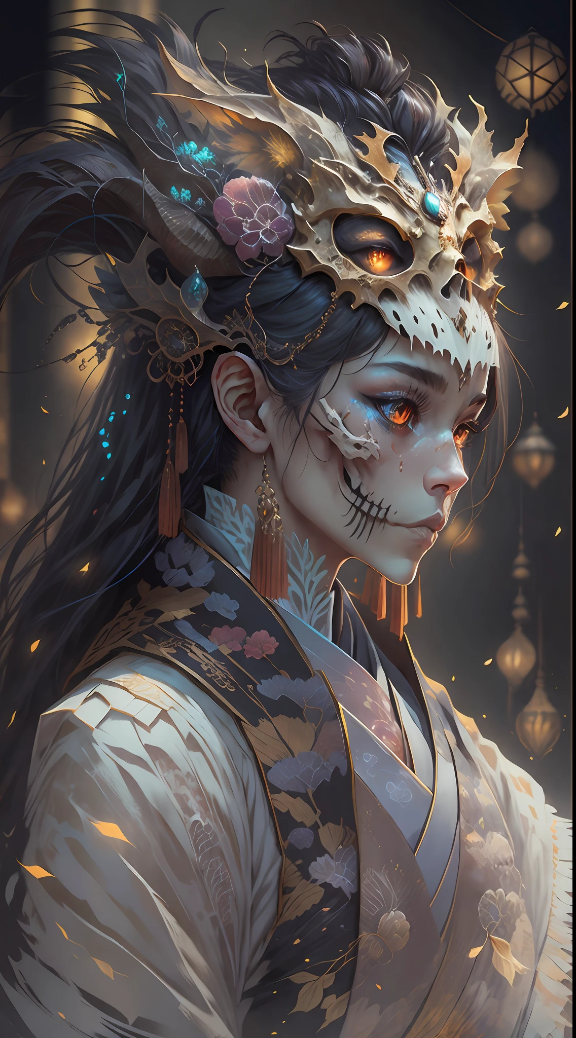 3D closeup of young handsome aristocrat - profile portrait with crown,Ram skull。Beautiful and complex Japanese crow, Fox mask and breadcrumbs Japanese kimono。a betta fish, jellyfish pheonix, Bio-luminescence, Plasma, icey, Eau, ventania, organism, Wu Ya and WLOP and works by Bippel and Greg Rutkovsky, creature00d, (Amber theme:0.7), mtu, mathematician,