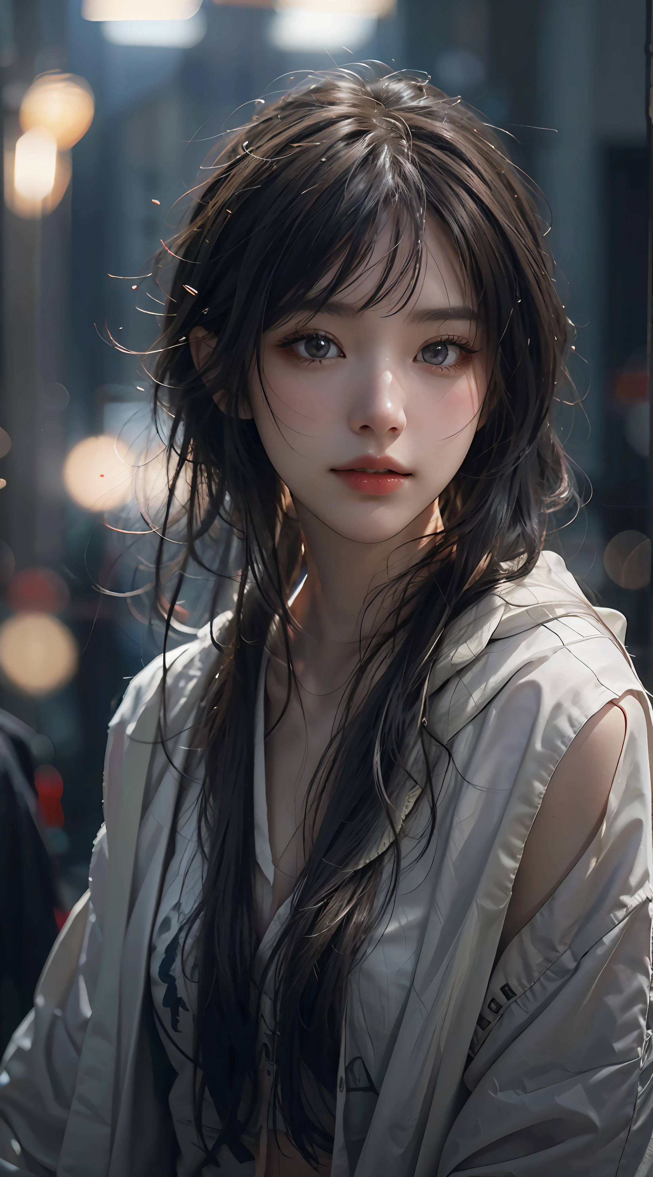 (RAW photo, Best quality), (Realistic, photo-realistic:1.3),Best quality,Highly detailed,Masterpiece,Ultra-detailed,illustration,1girll,The upper part of the body_Body,RAW photogr，cropped shoulders，cinmatic lighting, ssmile,short detailed hair，Black shawl straight hair，46 points oblique bangs，High-definition detail、Hyper-detailing、cinematic ligh、ultra-realistic realism,with short black hair，White skin，famousartwork，s the perfect face，beauitful face，beautidful eyes，（（Perfect female body））Dynamic Angle,world masterpiece theater,Messy_Long_Hair,Best quality,Extremely detailed Cg Unity 8K wallpaper,Cinematic lighting,lens_flare, nian, (arknight）。