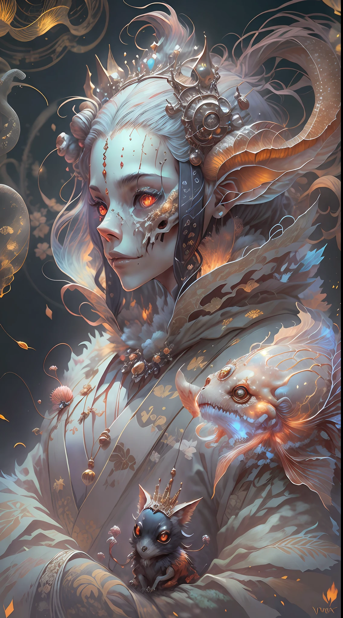 3D closeup of young handsome aristocrat - profile portrait with crown,Ram skull。Beautiful and complex Japanese crow, Fox mask and breadcrumbs Japanese kimono。a betta fish, jellyfish pheonix, Bio-luminescence, Plasma, icey, Eau, ventania, organism, Wu Ya and WLOP and works by Bippel and Greg Rutkovsky, creature00d, (Amber theme:0.7), mtu, mathematician,