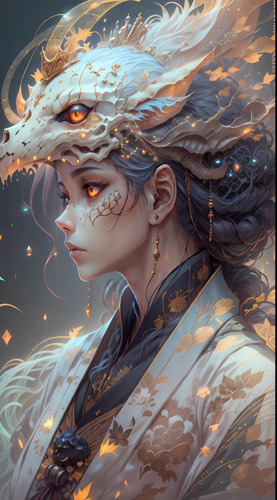 3D closeup of young handsome aristocrat - profile portrait with crown，Ram skull。Beautiful and complex Japanese crow, Fox mask and breadcrumbs Japanese kimono。a betta fish， jellyfish pheonix， Bio-luminescence， Plasma， icey， Eau， ventania， organism， Wu Ya and WLOP and works by Bippel and Greg Rutkovsky, creature00d, (Amber theme:0.7), mtu, mathematician,