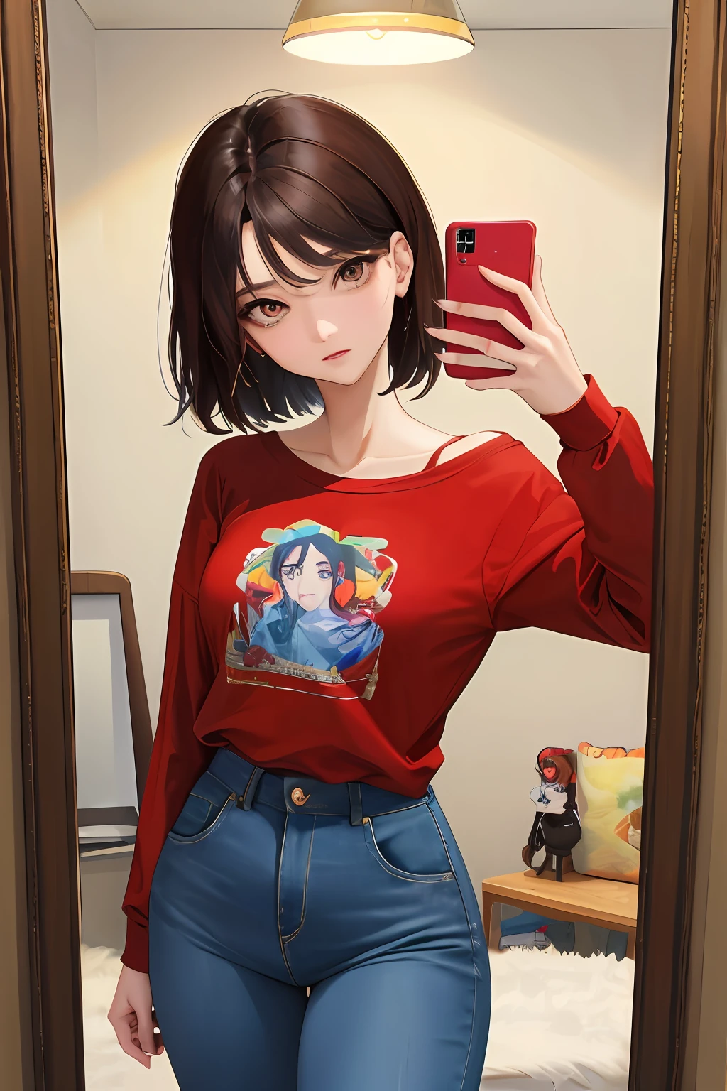 (masterpiece), best quality, expressive eyes, perfect face, young adult woman, Asian, brown eyes, long black hair till shoulders, long-sleeved tight red t-shirt, light blue skinny jeans trousers, holding 1 iPhone, mirror selfie