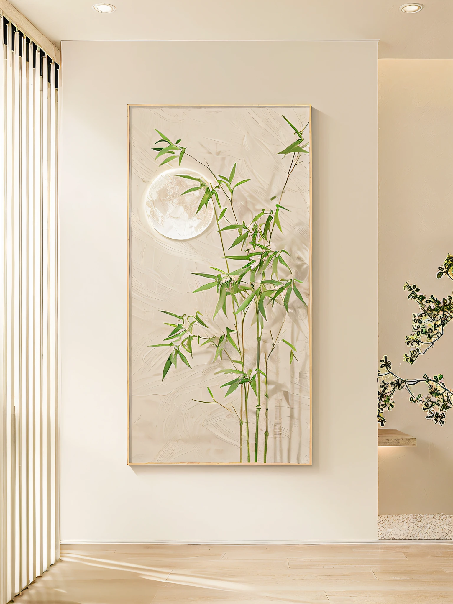 There is a picture of a bamboo tree painting in the room, hanging scroll on wall, elegant and refined painting, High quality painting, nacre painting, canvas painting, high detail painting, Chinese painting style, minimalistic painting, Oil painting in 3d, clean elegant painting, bamboos, inspired by Luo Ping, high quality art