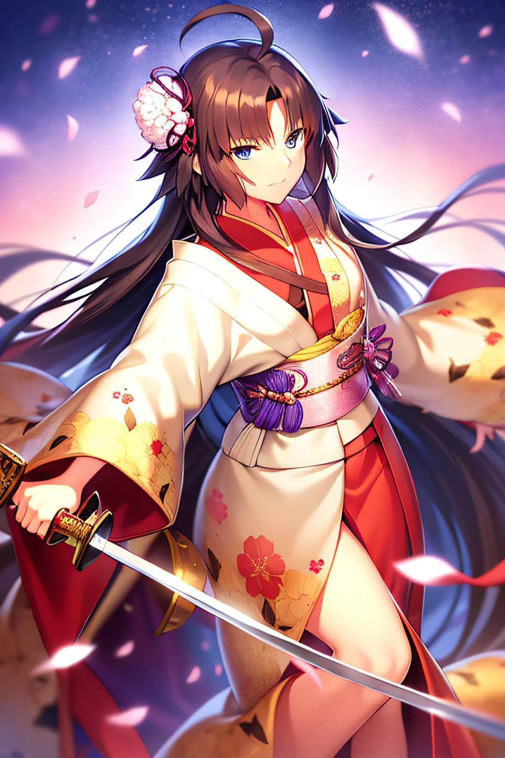ryougi shiki (third ascension), (((Best quality))), ((Ultra-detailed)), ((illustration)), ((Disheveled hair)), ((frilld)), (1 girl), (Solo),ahoge, bangs, Blue eyes, Brown hair, Eyebrows visible through hair, Eyes visible through hair, Female, Female only, hair adornments, komono, Long hair, Long sleeves, view the viewer, Obi, petals, Robe, sash, side locks, Wafuku, Wide sleeves, holding， holding sword ， holding weapon ，