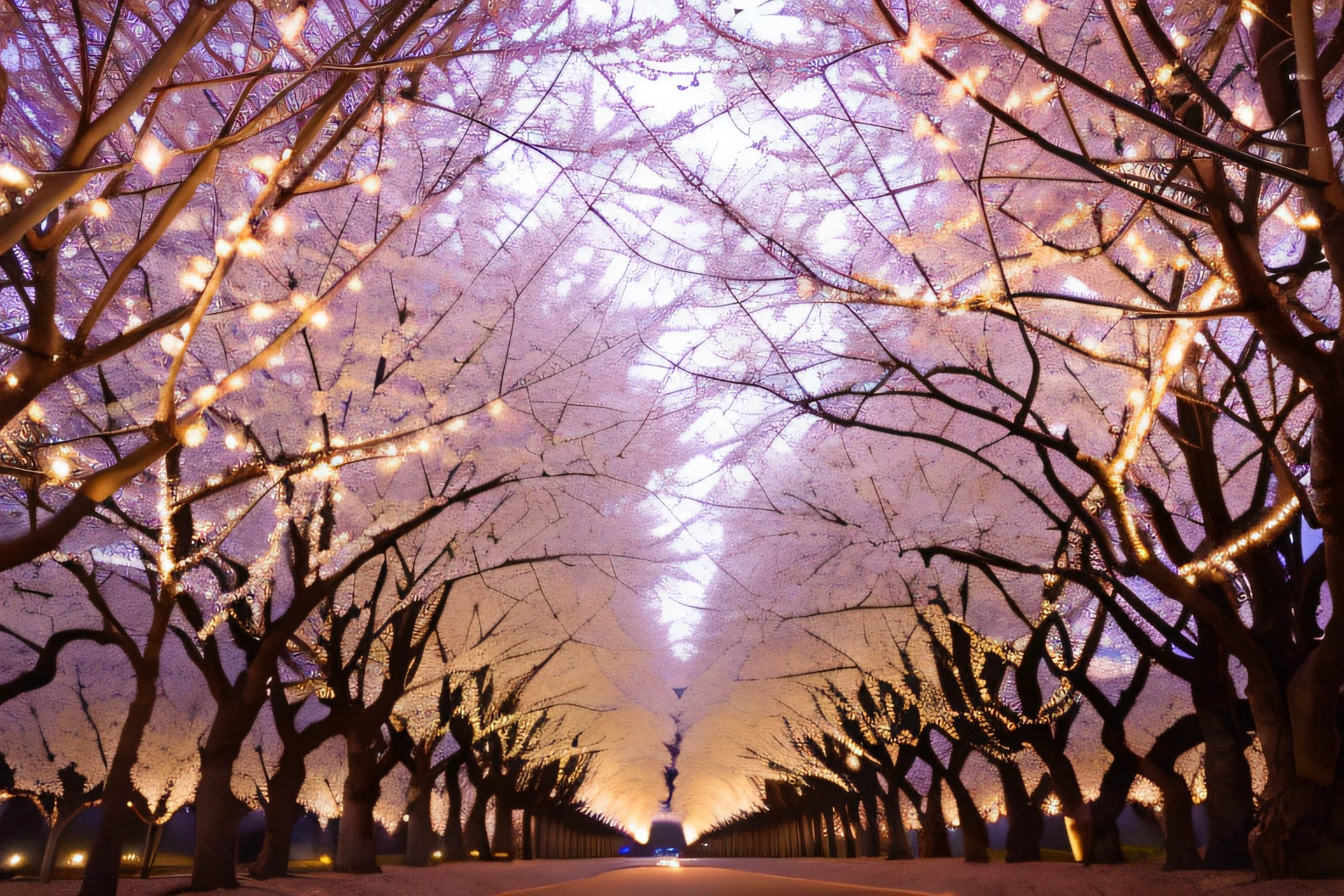 The sky is night，The apricot blossom tree is lit up with lights