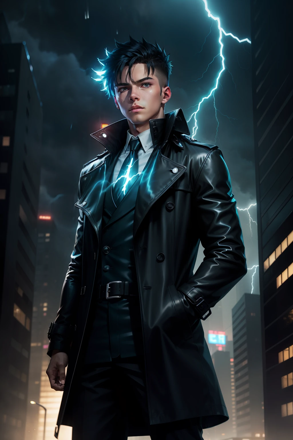 Urban rainy nights,neonlight,High-rise background,A boy in a black trench coat,Blue lightning wrapped around the whole body,Anime style,Advancedsense,sense of science and technology,Abilities