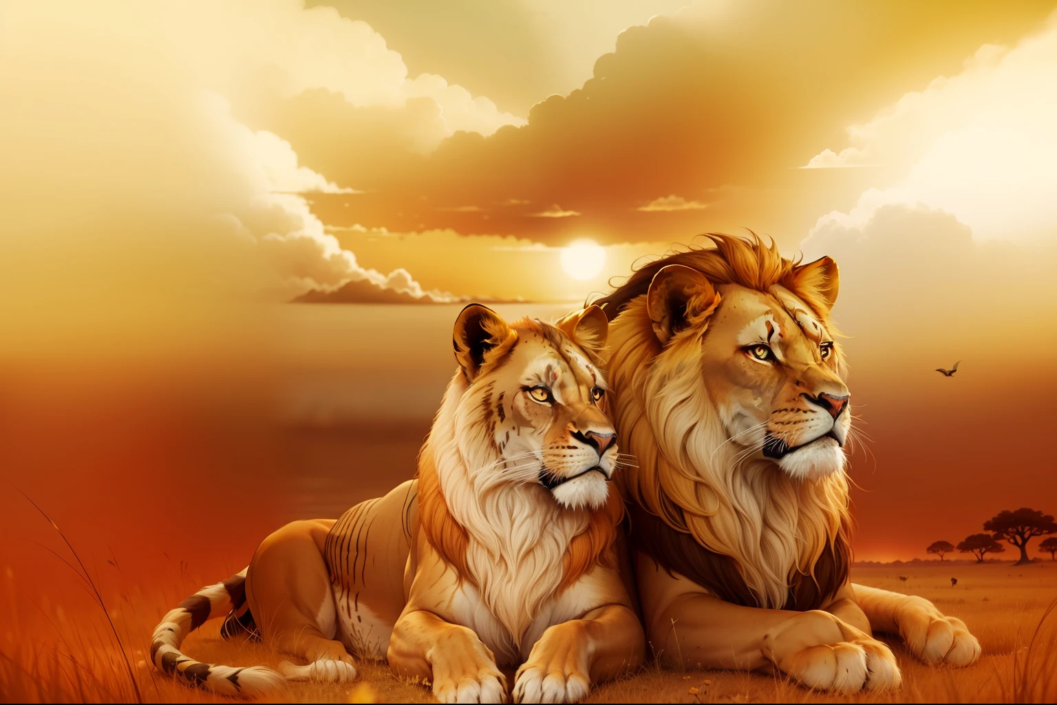 Beautiful couple of lions, ao fundo a savana, retrato detalhado, complexidade intrincada, rule of thirds, Sunset,  luminescente, Artistic Station, arte conceitual, Arte Nova, Smooth and sharp focus Highly detailed, Maximalista e Realista.