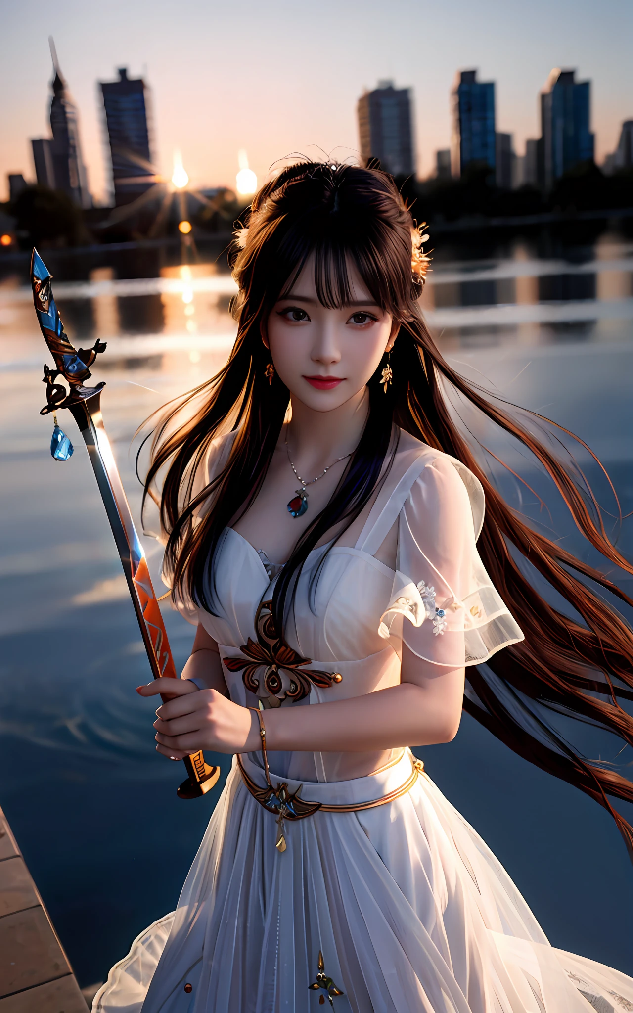(realisticity: 1.2), best quality, masterpiece, highres, cg,
1girl, weapon, sword, long hair, dress, water, solo, jewelry, white dress, earrings, hair ornament, splashing, upper body super realistis, hair bun, blue and orange hair, city backgraun realistis,
lighting,candid, Photograph, high resolution, 4k, 8k, Bokeh,