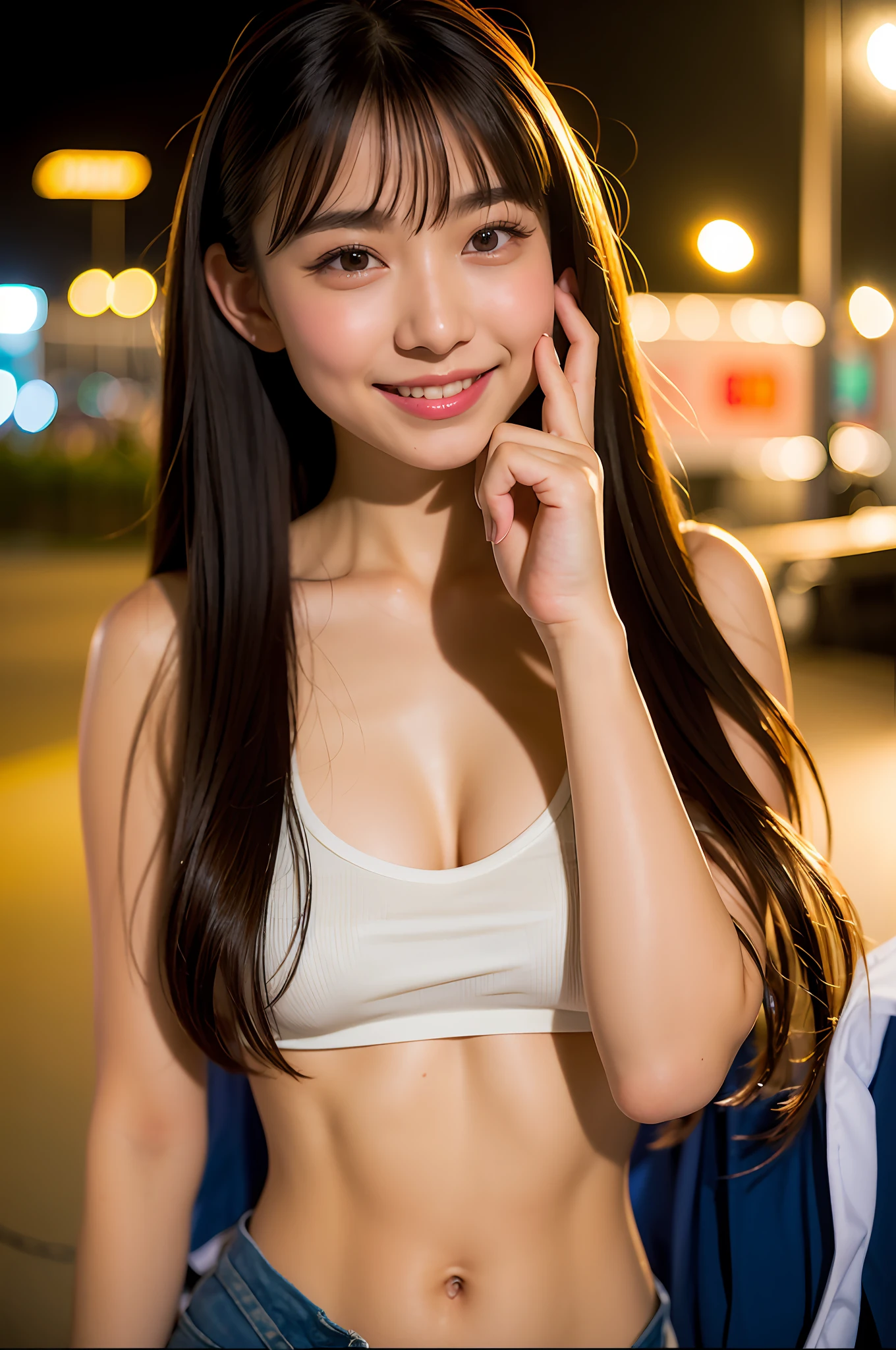 (8K、Raw photography、Photorealsitic:1.25)、(15 year old woman with beautiful perfect face)、Dancing、(lipgloss、long lashes、Beautiful expression、shiny bare skin、top-quality、超A high resolution、depth of fields)、spats、Tank Tops、Expressing the joy of dancing、Photograph the whole body、chromatic abberation、Caustics、Night view of the city