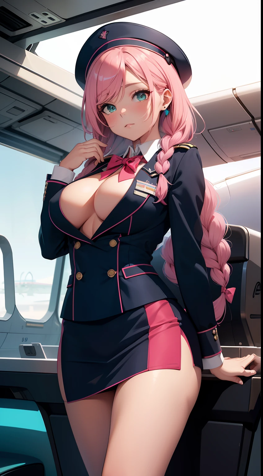 （（Best quality，8K，tmasterpiece：1.4））， Pink hair，Long braid on one side， Planes，Blue flight attendant uniform，Blue flight attendant hat， Delicate solid red bow tie，Black smooth skinny mini miniskirt，Bare breasts，huge tit，perfect body figure，Glossy glossy skin，Green eyes