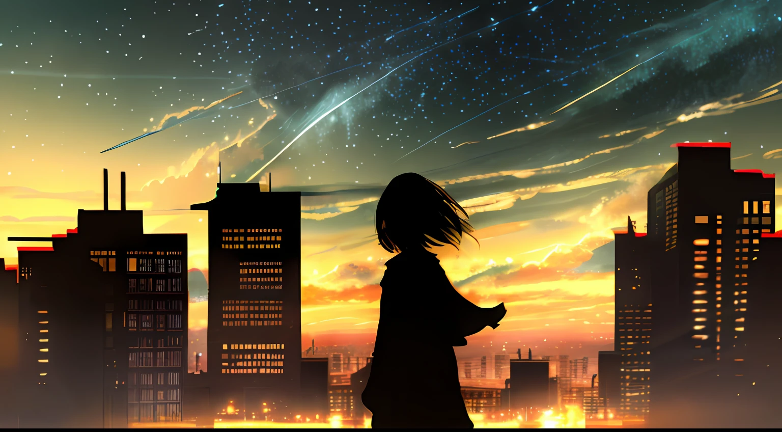 anime,silhouette,1girl, star (sky), cloud, cityscape, building, city, outdoors, skyscraper, city lights, night, night sky, sunset, skyline