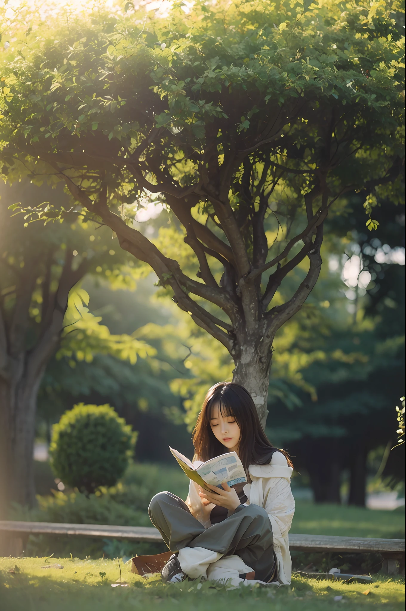Best Quality, Masterpiece, Ultra High Resolution, (Realistic: 1.4), Original Photo, , Skin, Simple Background, trees, Detail, portrai, 1 Girl, Reading, Sunshine, Looking at the Viewer,beautiful sky countryside